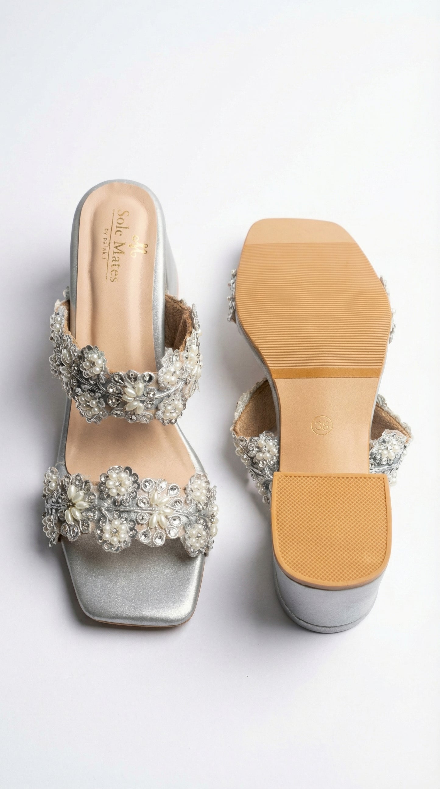 Aria silver block heels insole and tunit sheet sole view — Solemates by Palak branded insole with floral pearl 
embellished straps