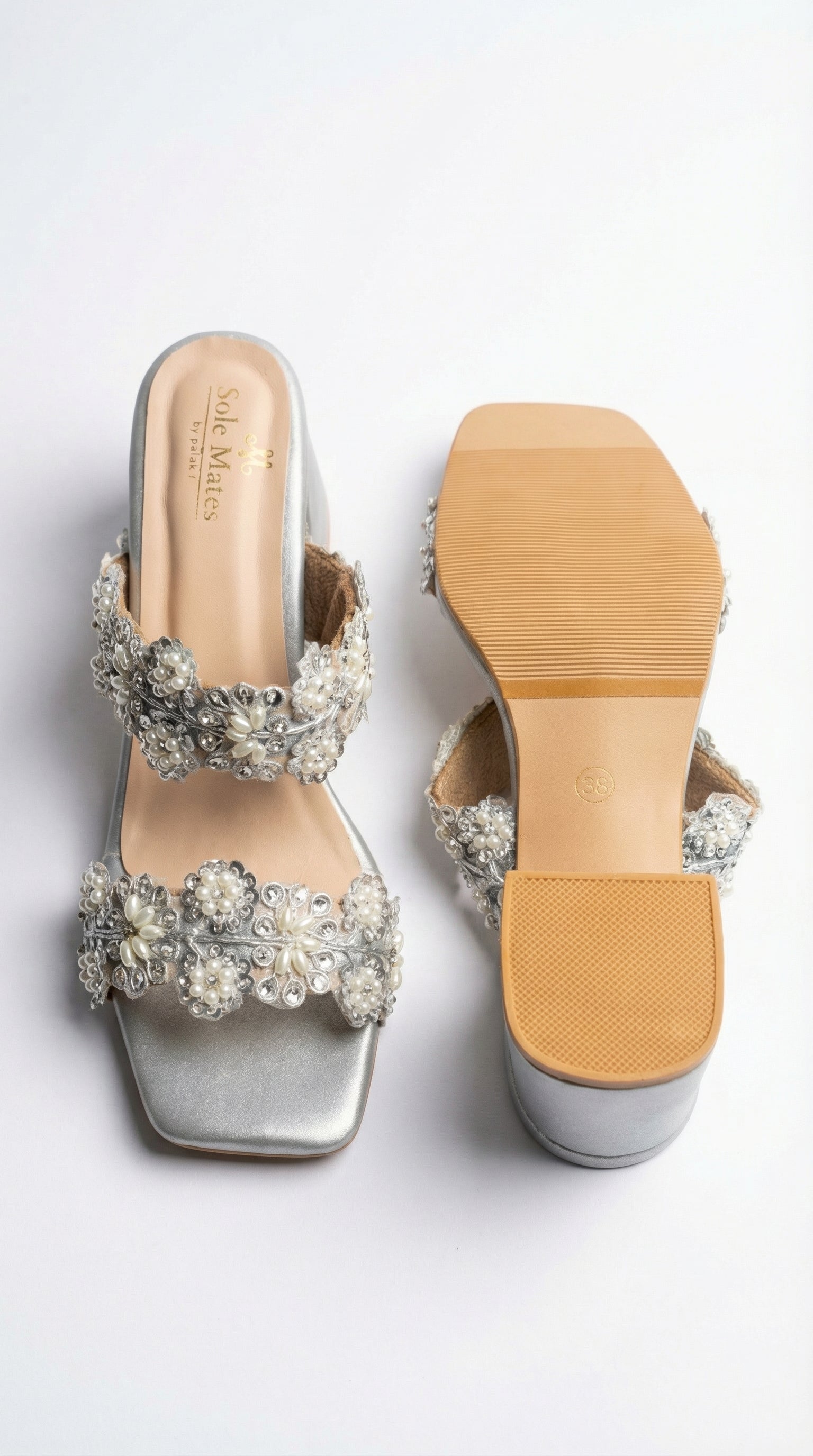 Aria silver block heels insole and tunit sheet sole view — Solemates by Palak branded insole with floral pearl 
embellished straps