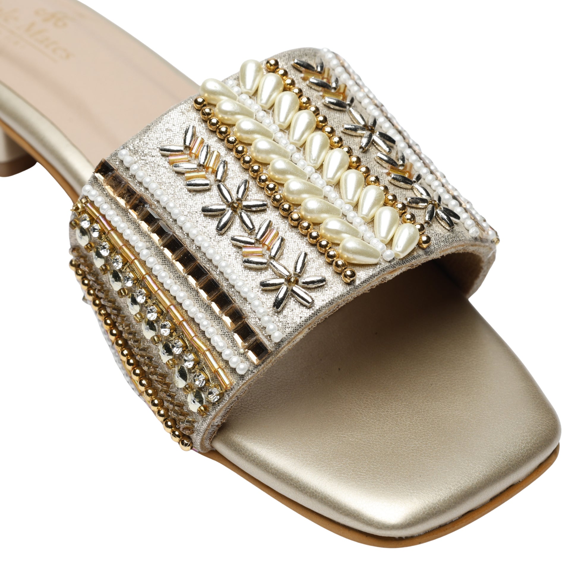 Kate Gold Sliders embellishment close-up — teardrop pearl clusters, gold seed bead borders, silver chevron detailing, square mirror tiles and rhinestone rows by Solemates by Palak