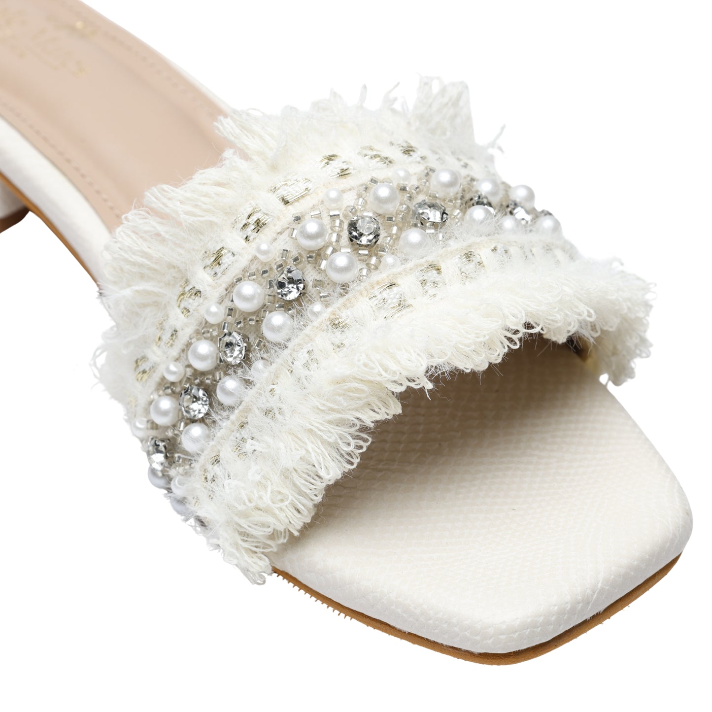 Close-up of Boho Chic Ivory slider strap by Solemates by Palak — mixed pearl sizes, large silver crystal accents and seed beads on soft ivory fringe with gold metallic thread