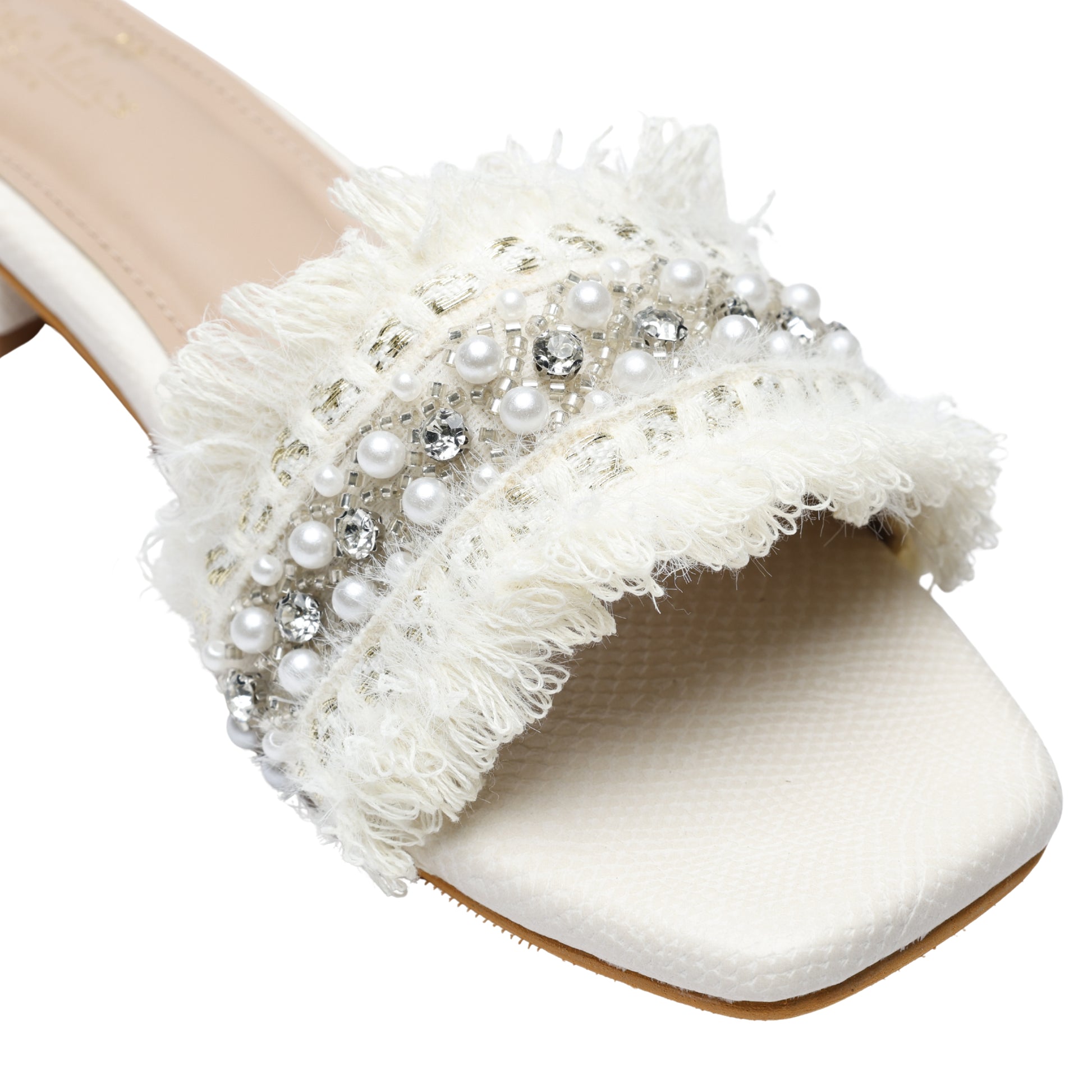Close-up of Boho Chic Ivory slider strap by Solemates by Palak — mixed pearl sizes, large silver crystal accents and seed beads on soft ivory fringe with gold metallic thread