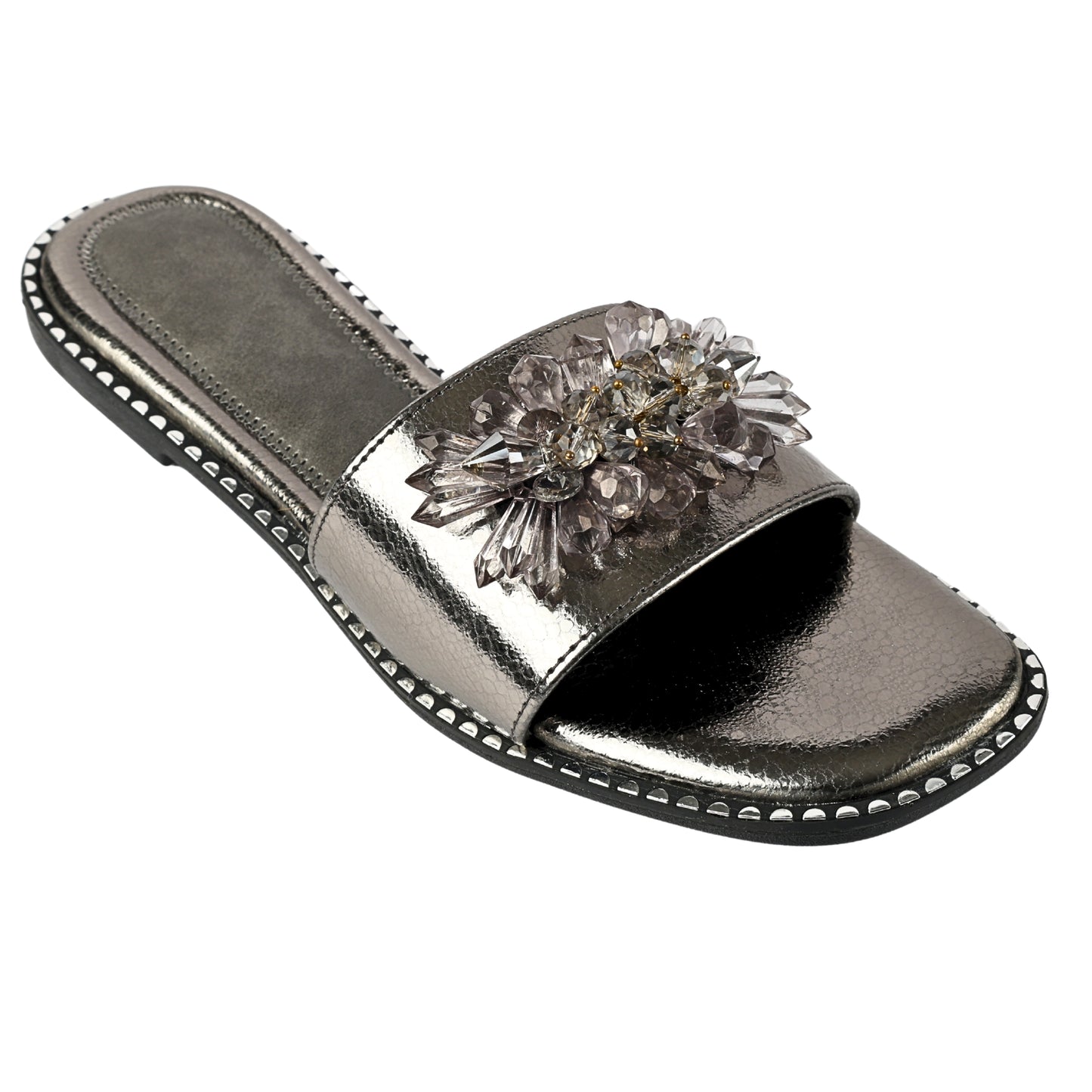 Grey Mirage Flat Sliders side view white background — gunmetal metallic flat slider with crystal floral brooch and silver studded sole trim by Solemates by Palak