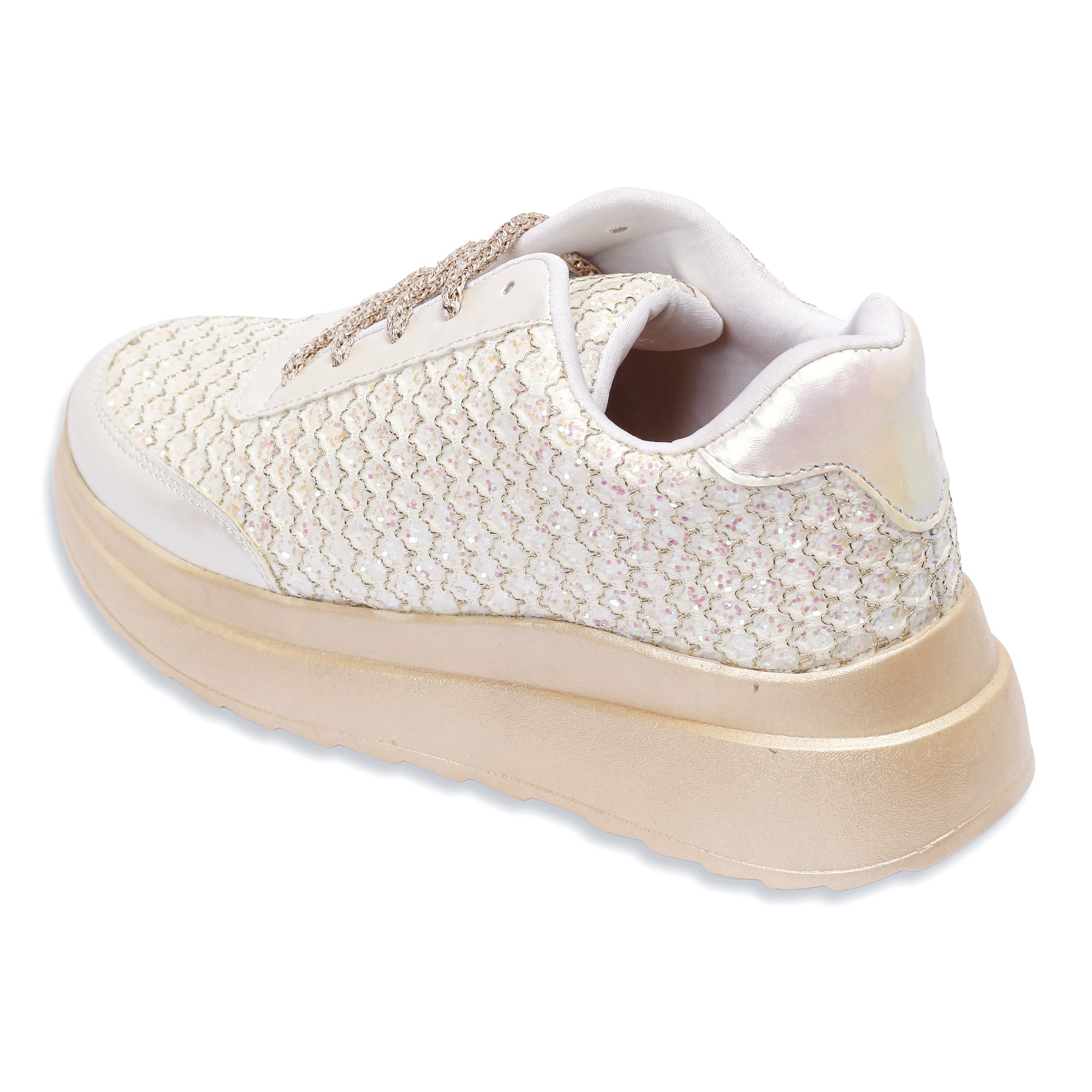 Gleaming Ivory Sneakers back angle — iridescent pearl heel counter with glitter sequin upper by Solemates by Palak