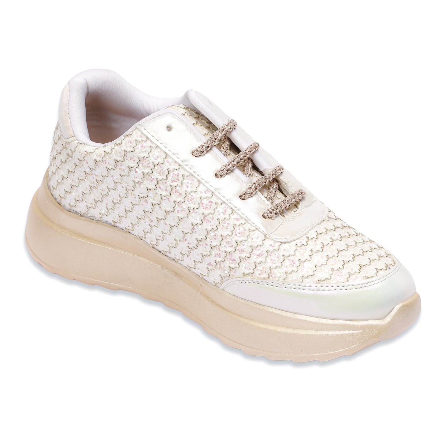 Gleaming Ivory Sneakers front angle — all-over glitter sequin scalloped upper with rose gold laces by 
Solemates by Palak
