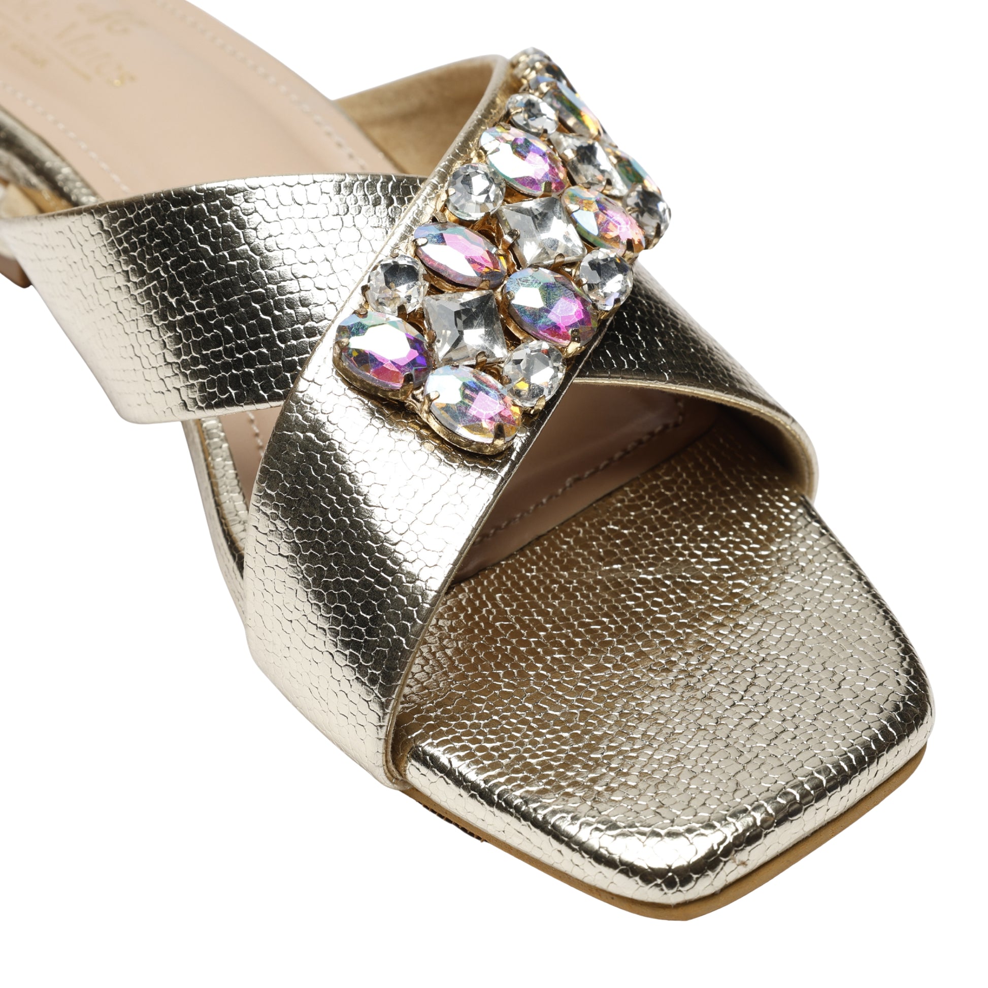 Charolette Gold Sliders strap and toe close-up white background — iridescent AB crystal and clear rhinestone cluster in mixed cuts on champagne gold criss-cross strap by Solemates by Palak