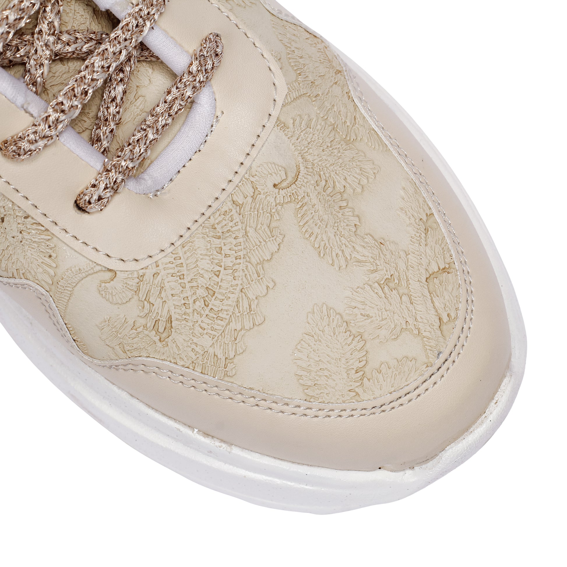 Ivory Elegance Sneakers close-up — floral textured PU upper detail by Solemates by Palak