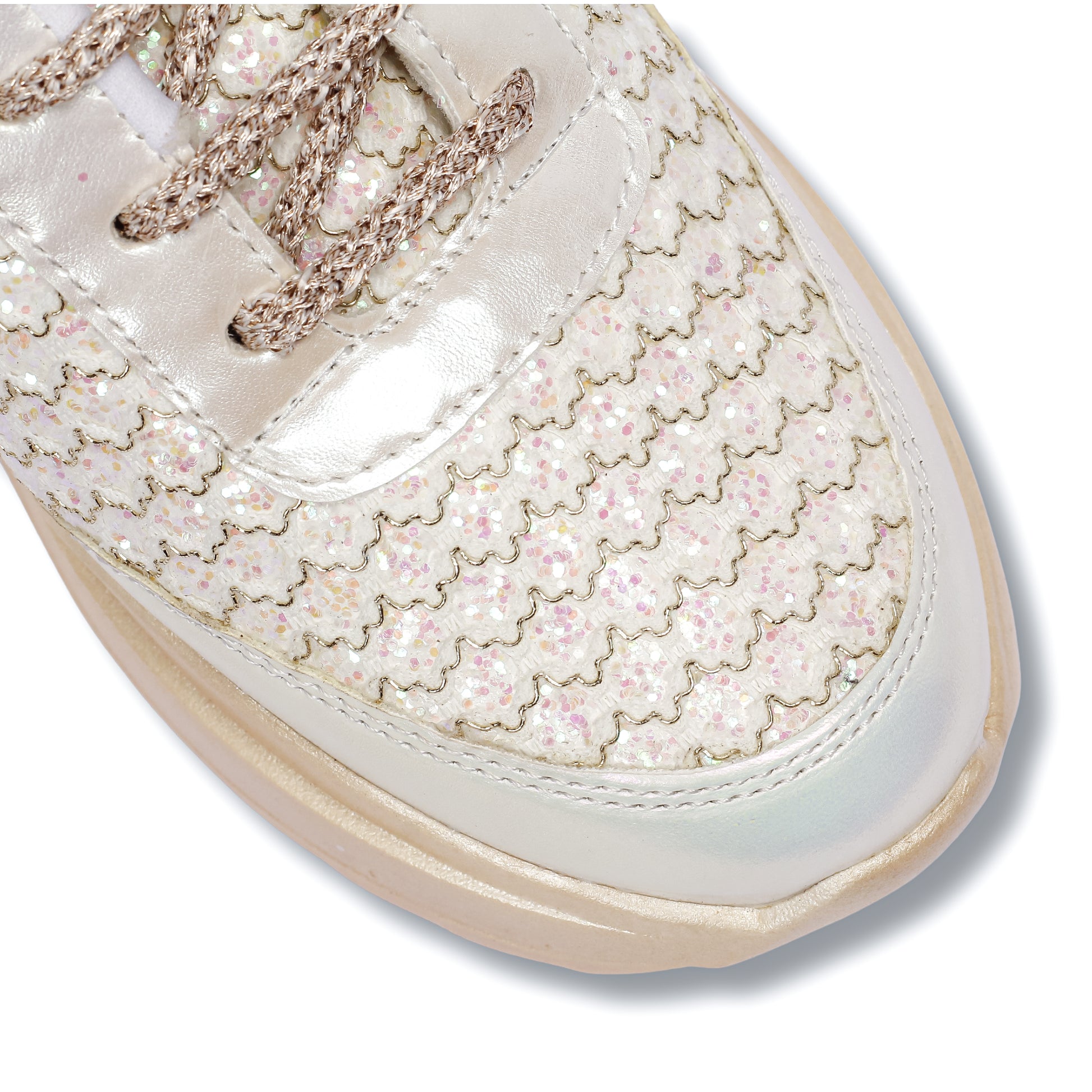 Gleaming Ivory Sneakers close-up — pink and gold glitter sequin scalloped pattern with gold zigzag stitching by 
Solemates by Palak