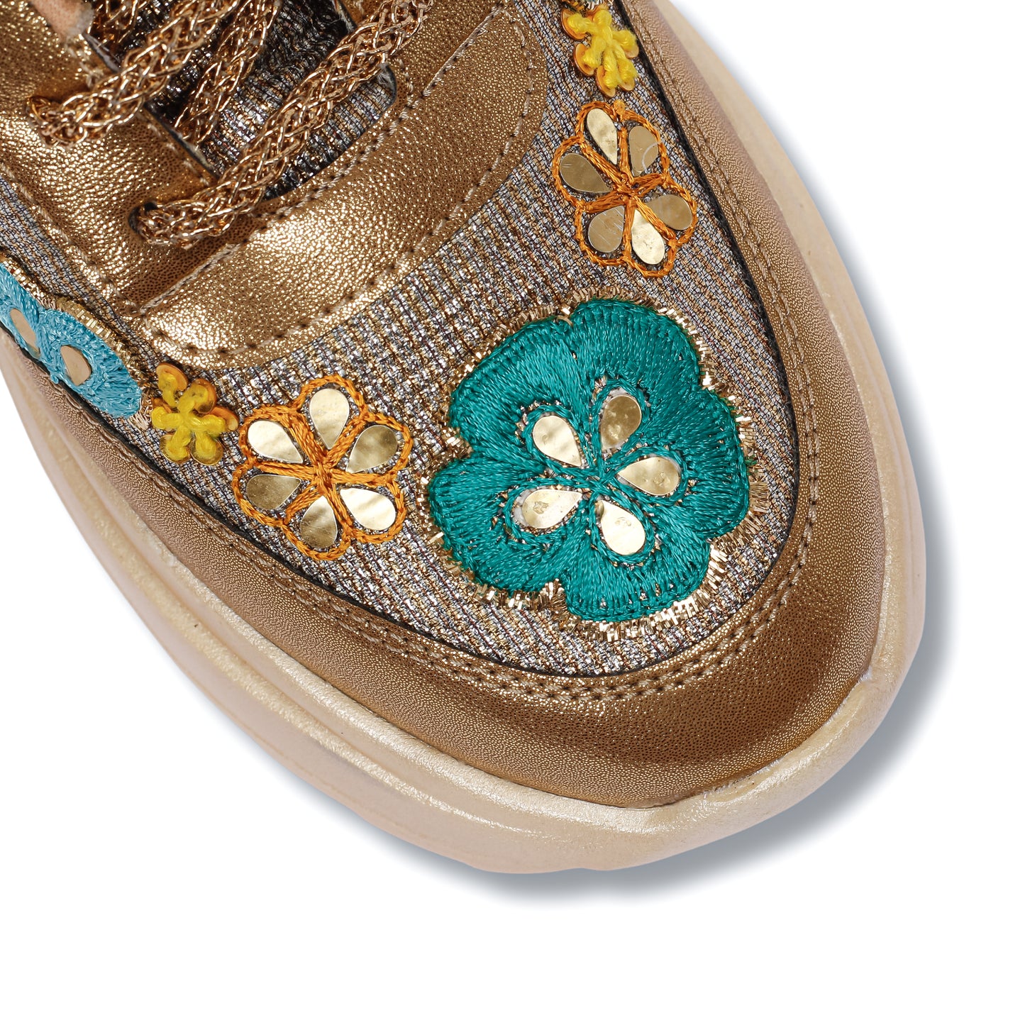 Golden Garden Sneakers close-up — teal and orange embroidered flower appliqués with mirror work detail by Solemates by Palak