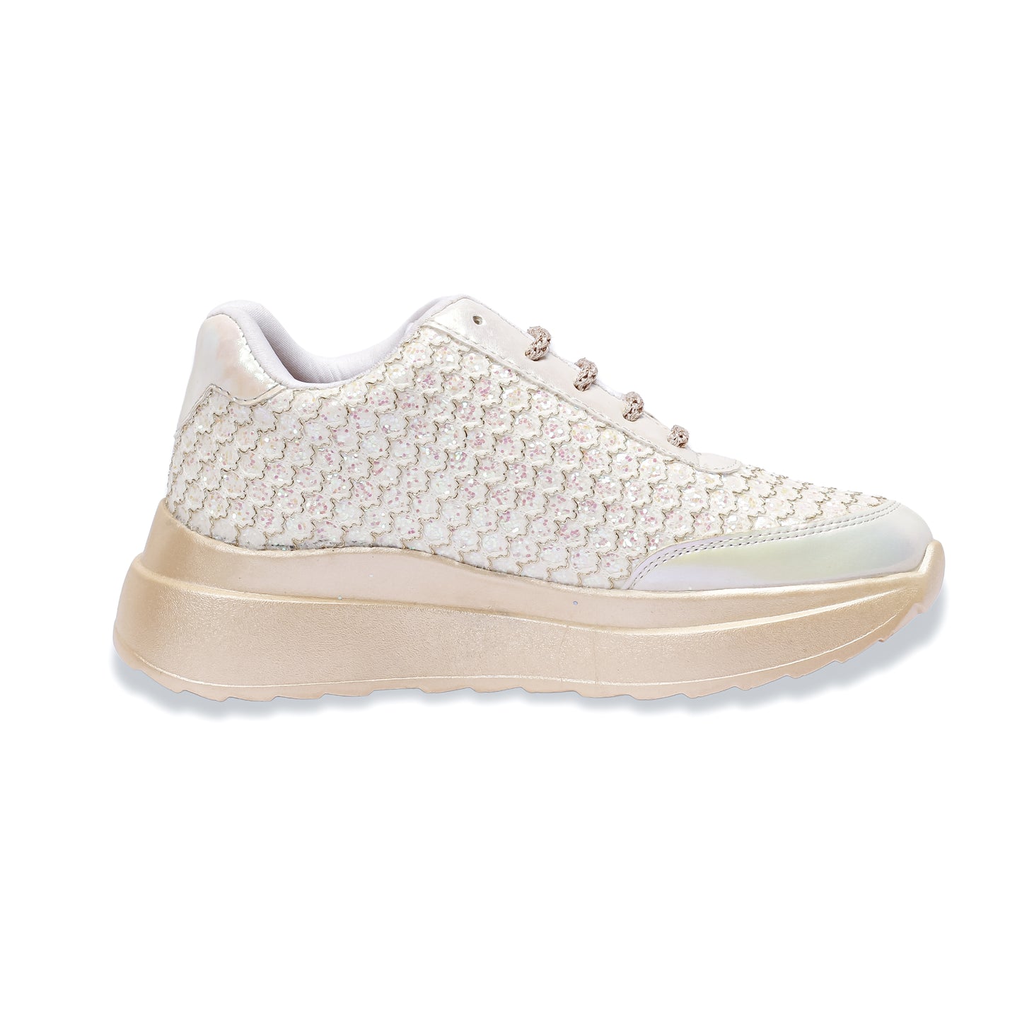 Gleaming Ivory Glitter Sequin Sneakers side view — scalloped sequin upper with champagne gold chunky sole by Solemates by Palak