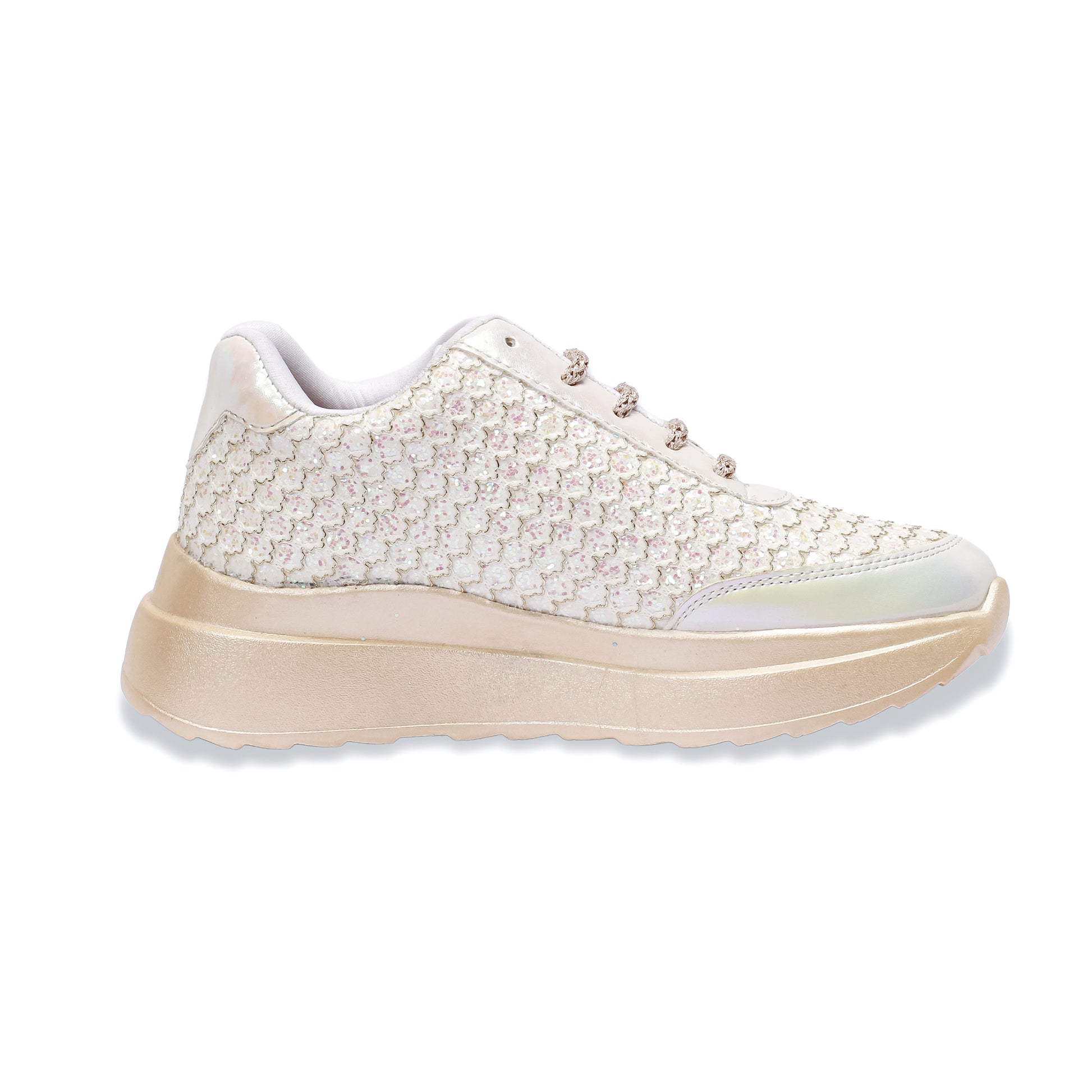 Gleaming Ivory Glitter Sequin Sneakers side view — scalloped sequin upper with champagne gold chunky sole by Solemates by Palak