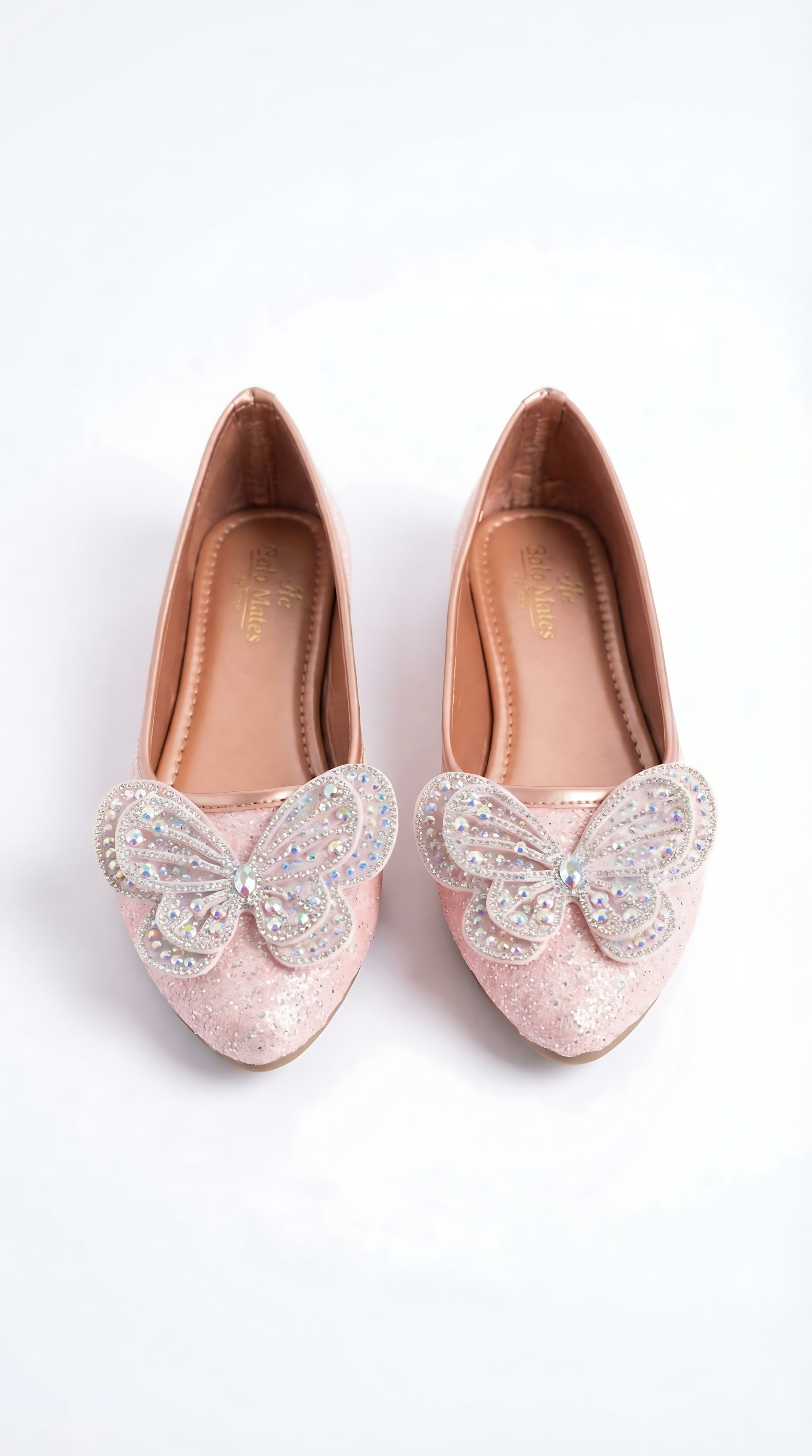 Aurora Flutter ballerina front view — crystal butterfly with AB iridescent stones on rose gold glitter by Solemates by Palak