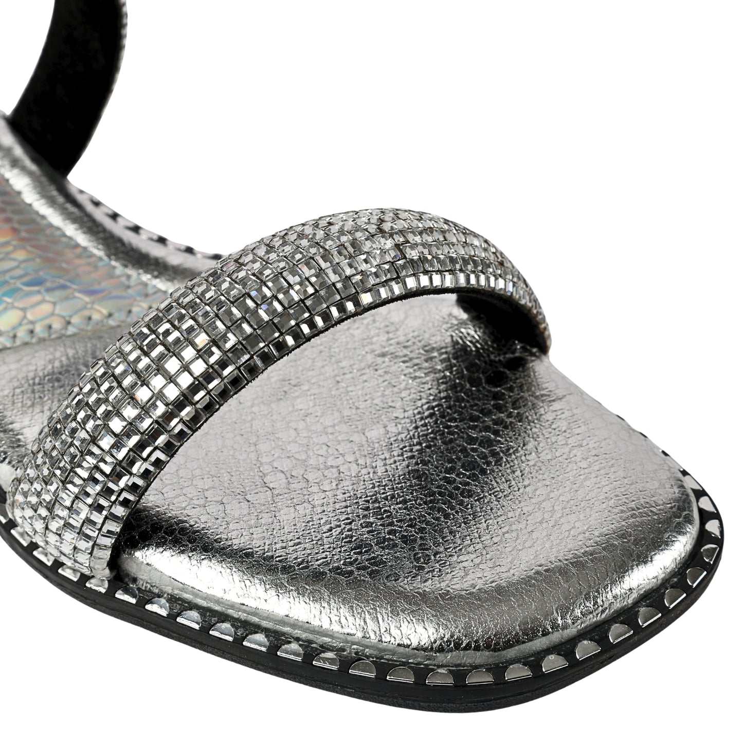 Close-up of Crystalline Silver Flats strap by Solemates by Palak — densely set silver faceted crystals on rounded double straps with silver metallic footbed and stud sole trim detail