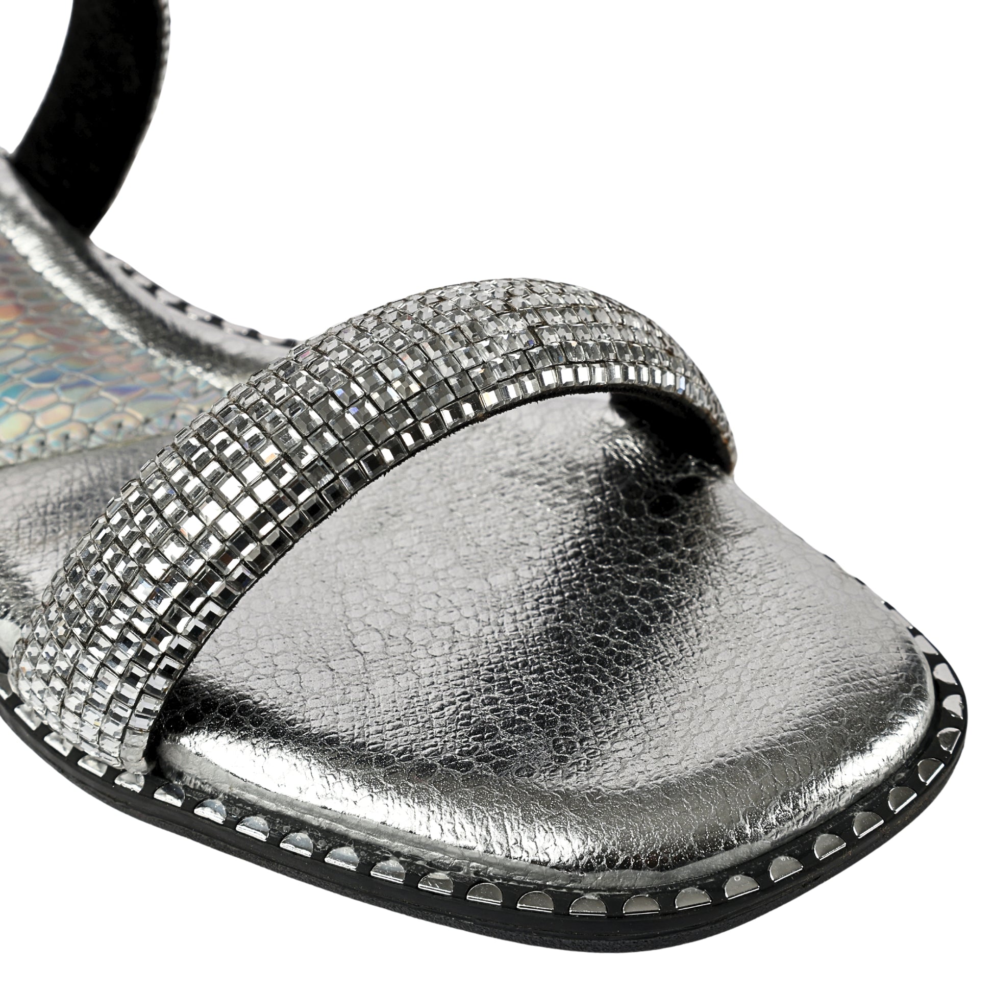 Close-up of Crystalline Silver Flats strap by Solemates by Palak — densely set silver faceted crystals on rounded double straps with silver metallic footbed and stud sole trim detail