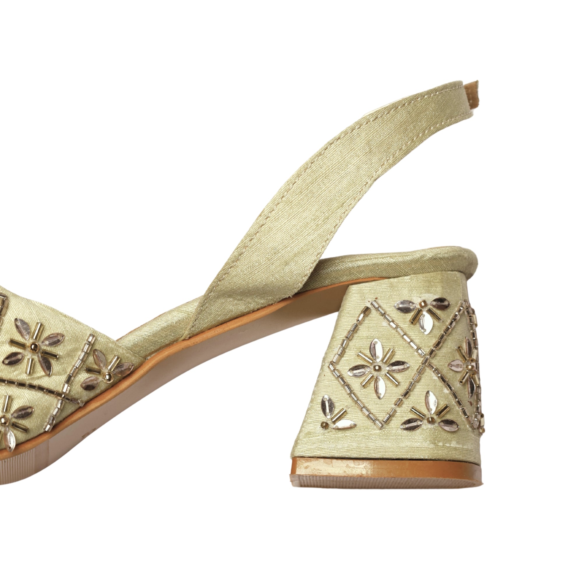 Fire Cracker Heels heel and slingback detail — embellished block heel with mirror work and gold bead grid pattern, adjustable slingback strap by Solemates by Palak