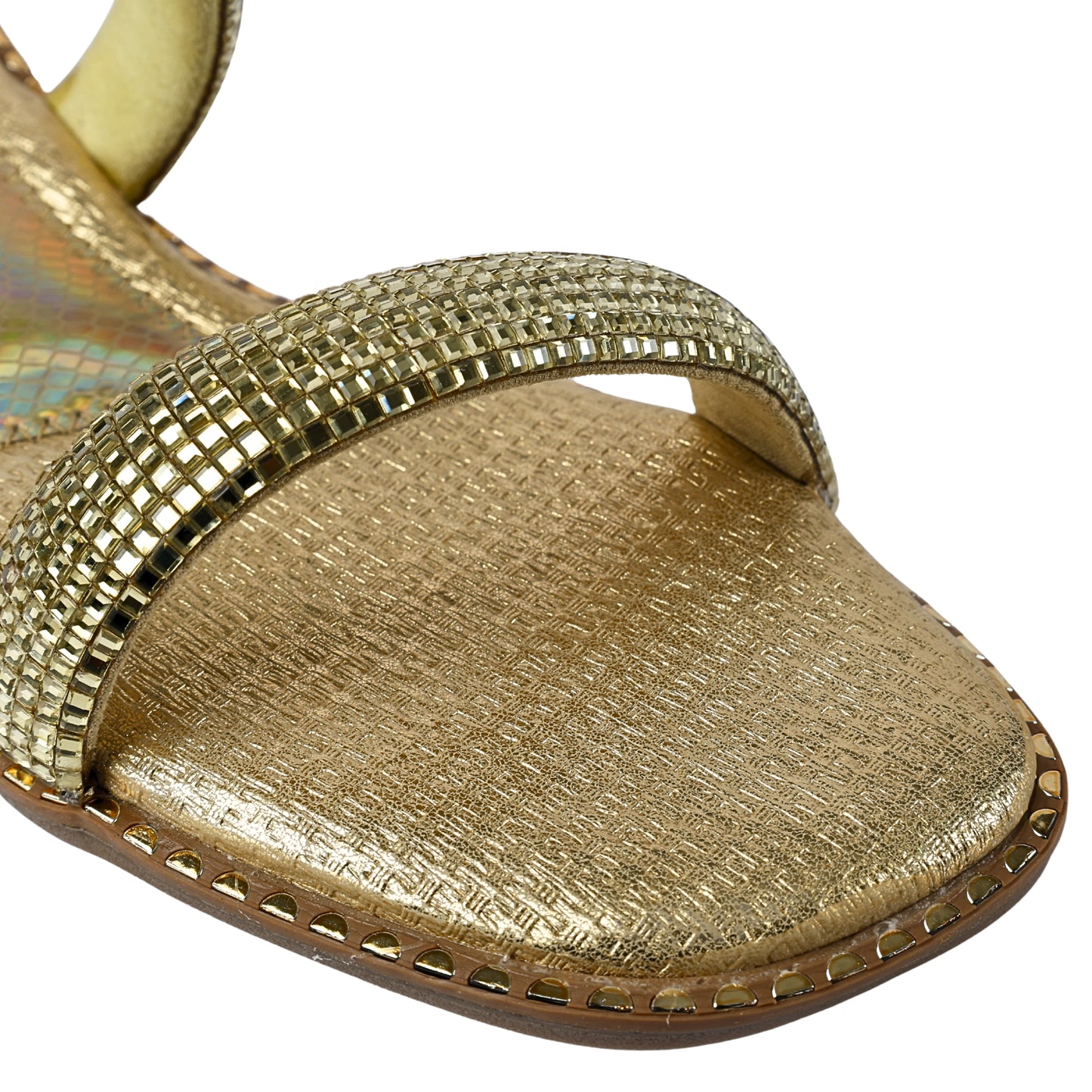Close-up of Crystalline Gold Flats strap by Solemates by Palak — densely set gold faceted crystals on double straps with gold metallic textured footbed and gold stud sole trim
