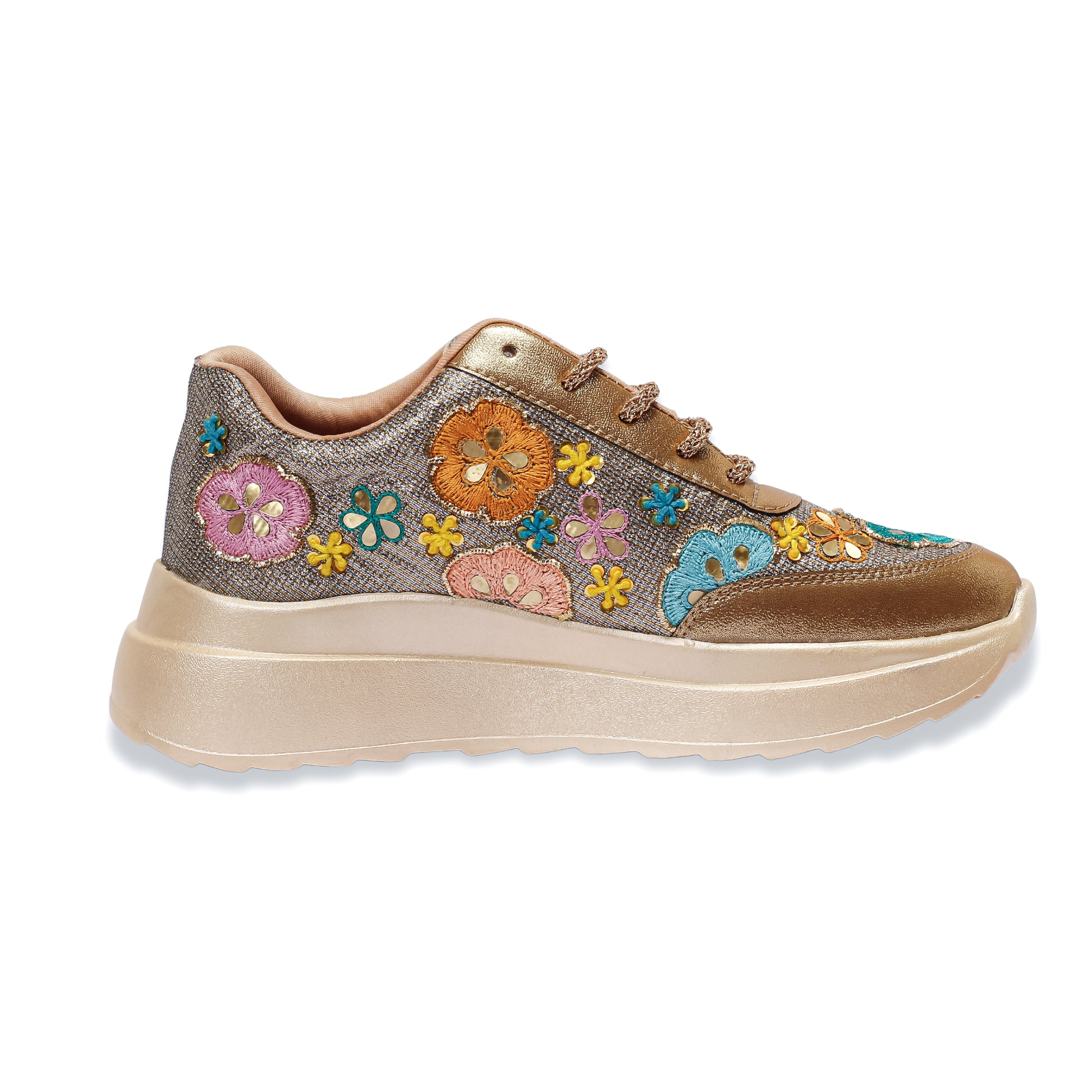 Golden Garden Floral Sneakers side view — gold shimmer fabric with multicolour embroidered flowers by 
Solemates by Palak