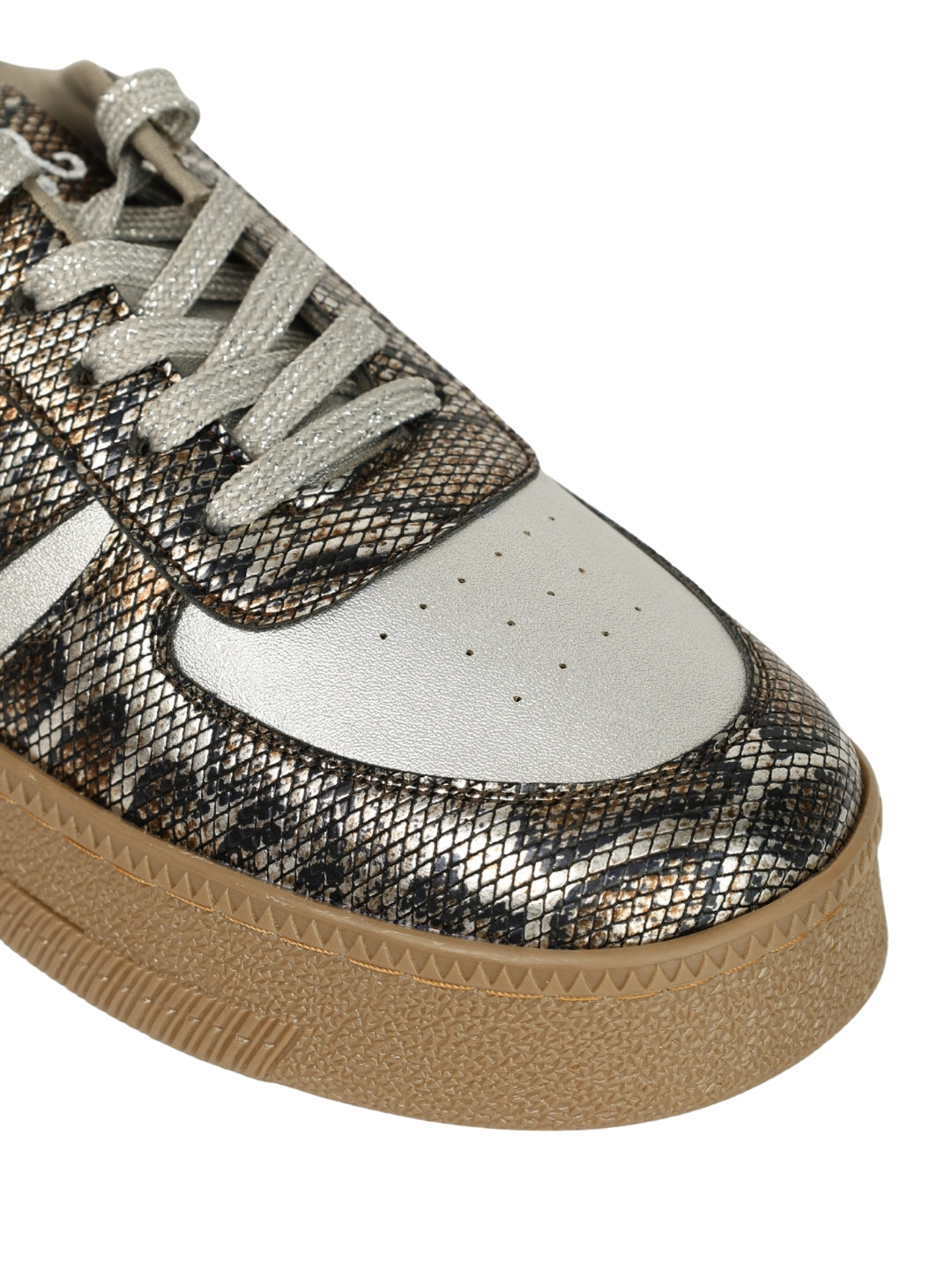 Luxe Python sneakers toe close-up — natural python print with silver leather toe box and gold eyelet detail by Solemates by Palak