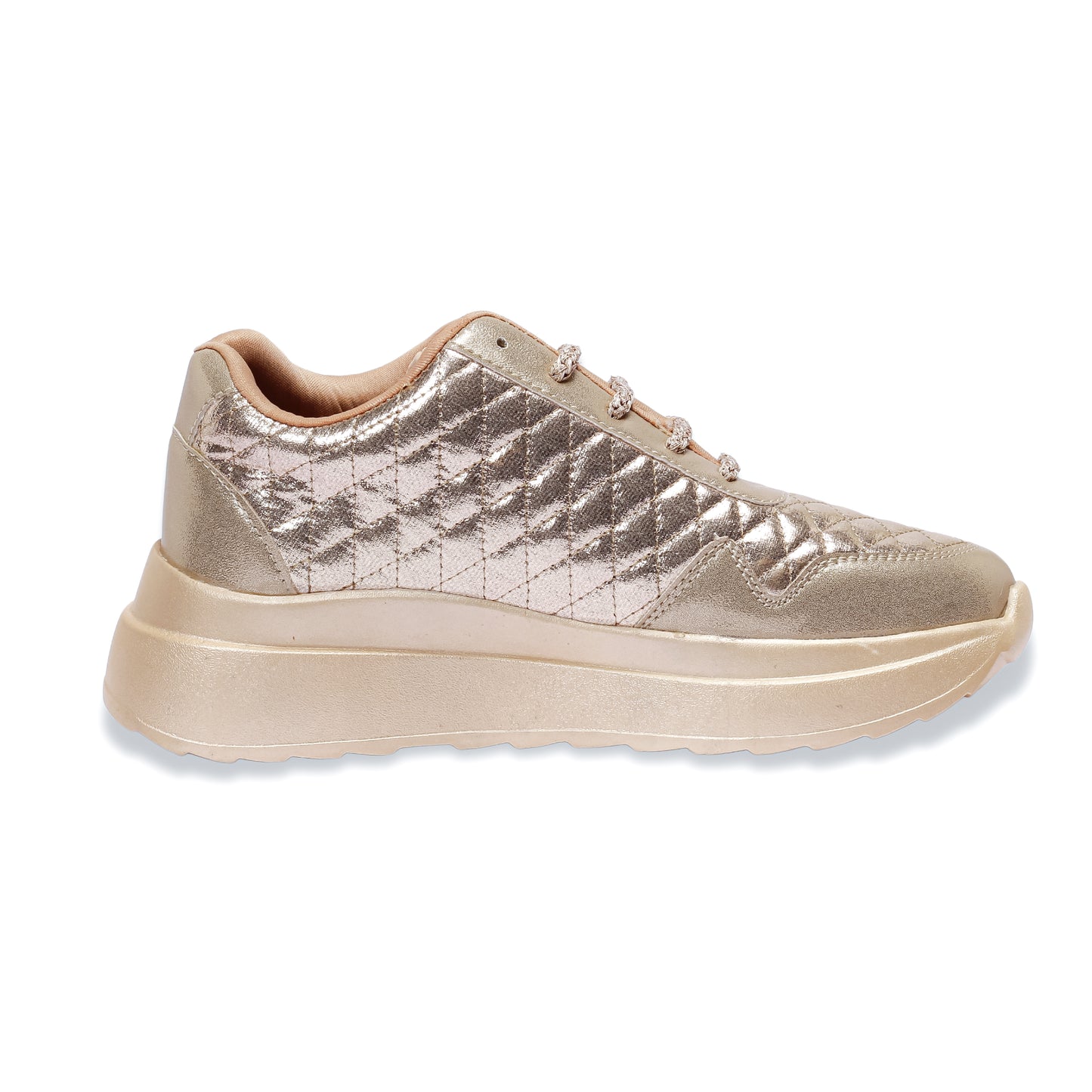 Sunlite Sparkler Sneakers side view — rose gold metallic quilted upper with champagne chunky sole by 
Solemates by Palak