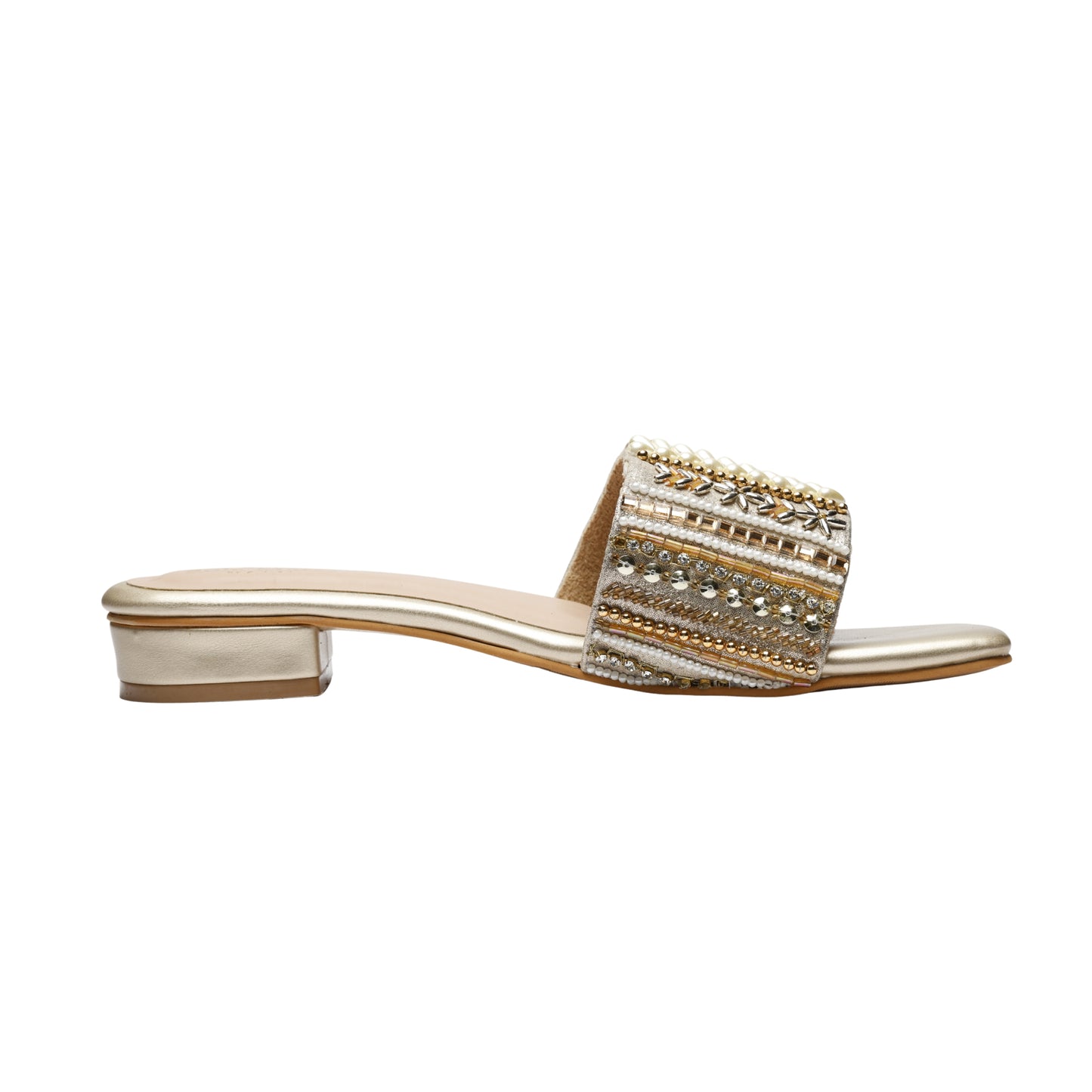 Kate Gold Sliders side profile white background — champagne gold shimmer low block heel slider with dense pearl and bead embellished strap by Solemates by Palak