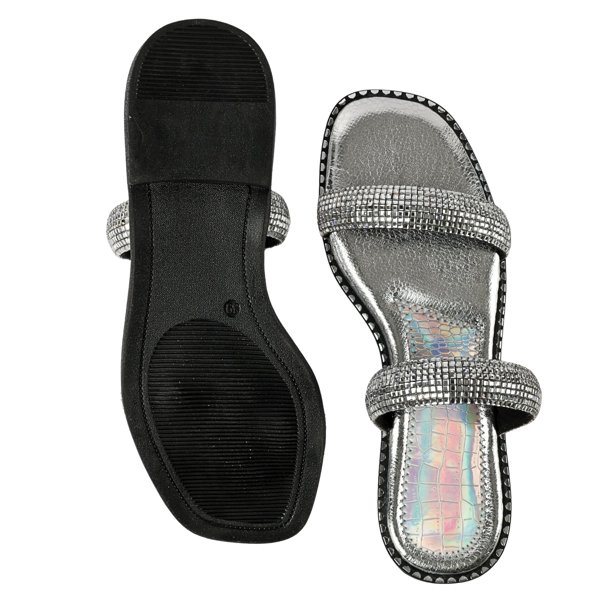 Top and sole view of Crystalline Silver Flats by Solemates by Palak — silver metallic footbed with holographic lining, silver stud trim and black rubber outsole, white background