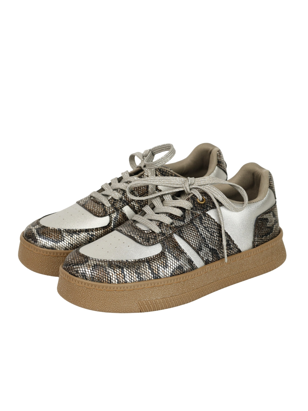 Luxe Python low-top sneakers 3/4 view — python print with silver white leather panels and silver grey laces by Solemates by Palak