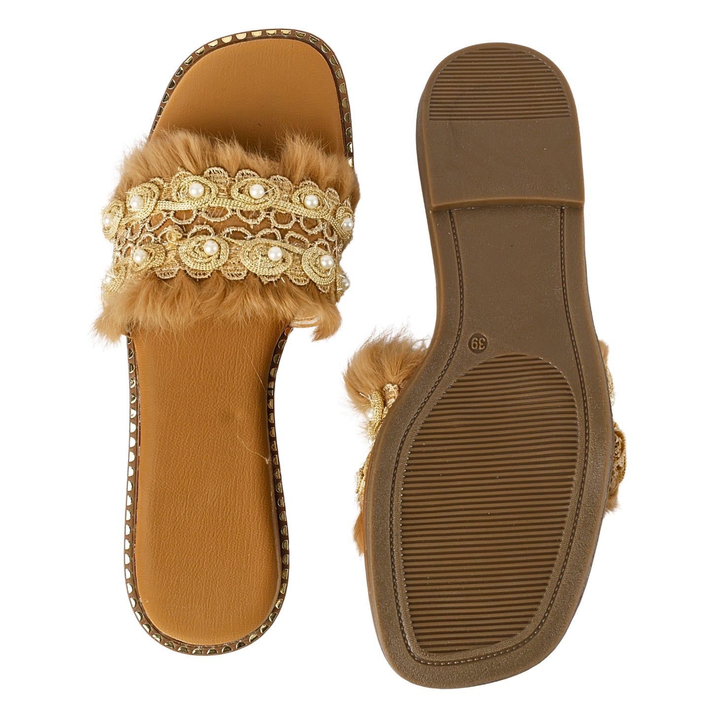 Top and sole view of Furry Brown slider by Solemates by Palak — tan cushioned insole, gold stud trim and brown rubber outsole with caramel fur strap and gold lace pearl embellishment