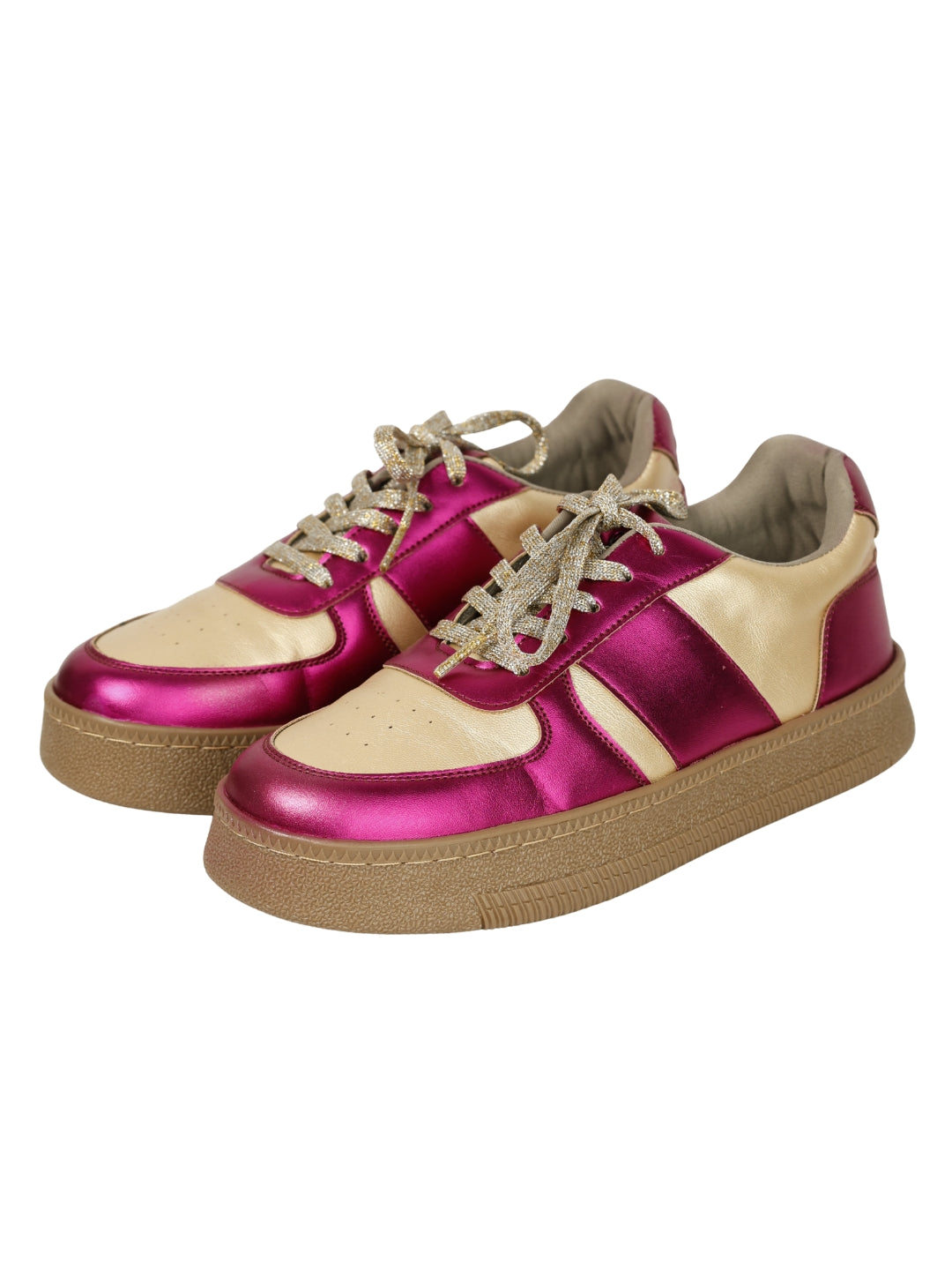 Fuchsia Flash low-top sneakers 3/4 view — metallic fuchsia pink panels with cream leather and gold glitter laces by Solemates by Palak