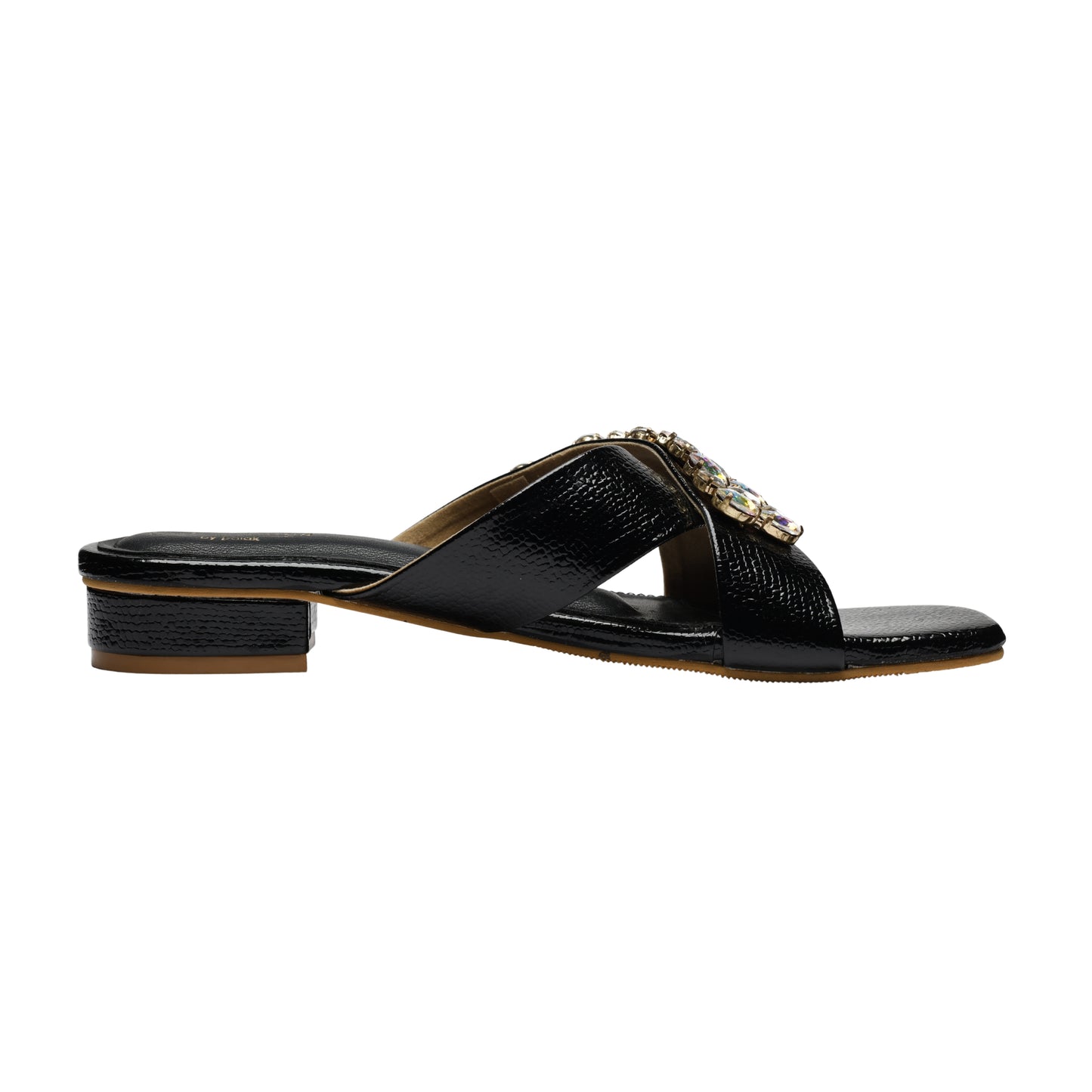 Charolette Black Sliders side profile white background — black textured patent criss-cross low block heel sliders with crystal cluster embellishment by Solemates by Palak