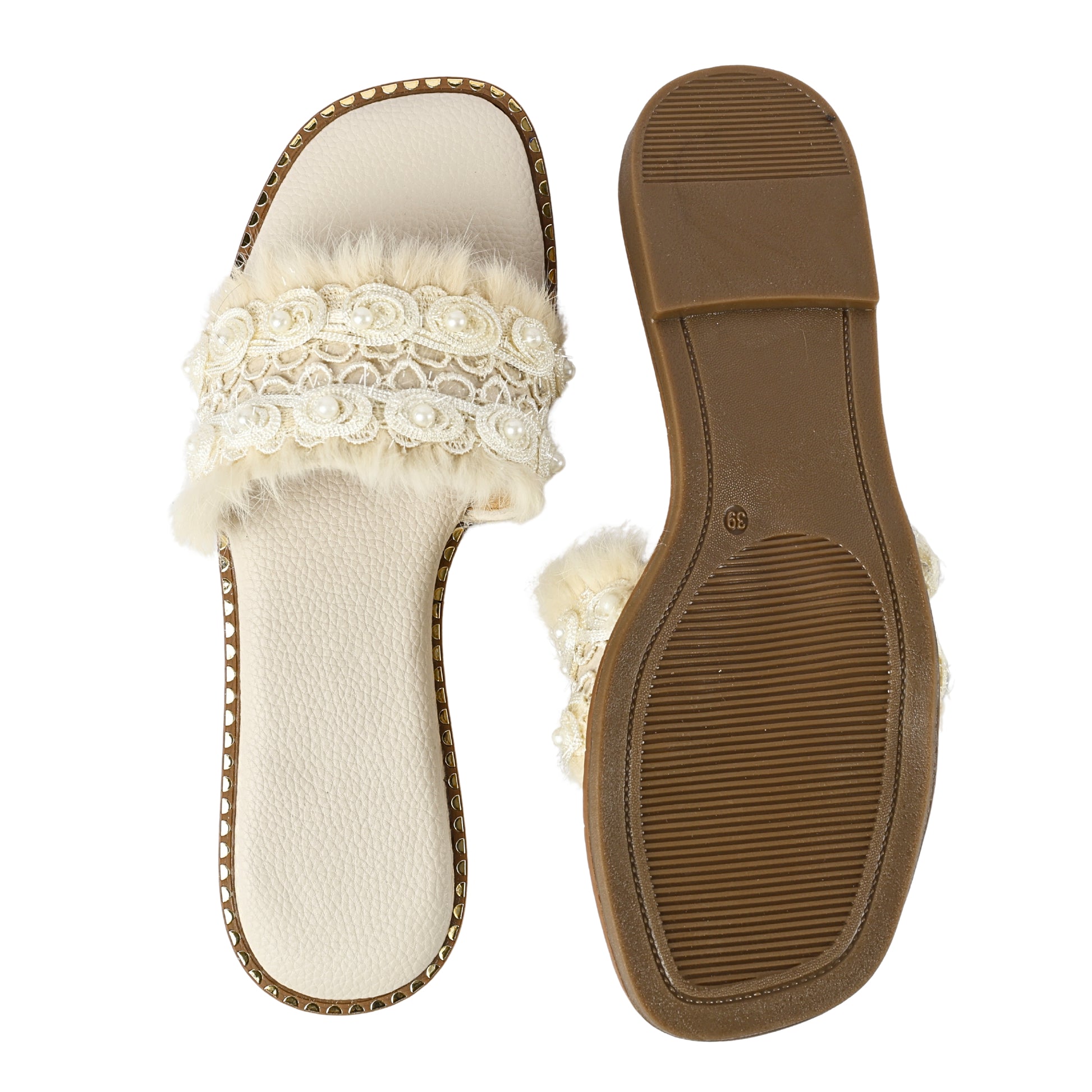 Top and sole view of Furry Ivory slider by Solemates by Palak — cream cushioned insole, gold stud trim and brown rubber outsole with ivory fur strap and lace pearl embellishment