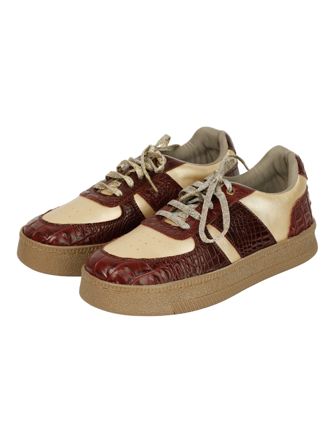 Croc Vintage low-top sneakers 3/4 view — burgundy croc embossed texture with cream leather and gold glitter laces by Solemates by Palak