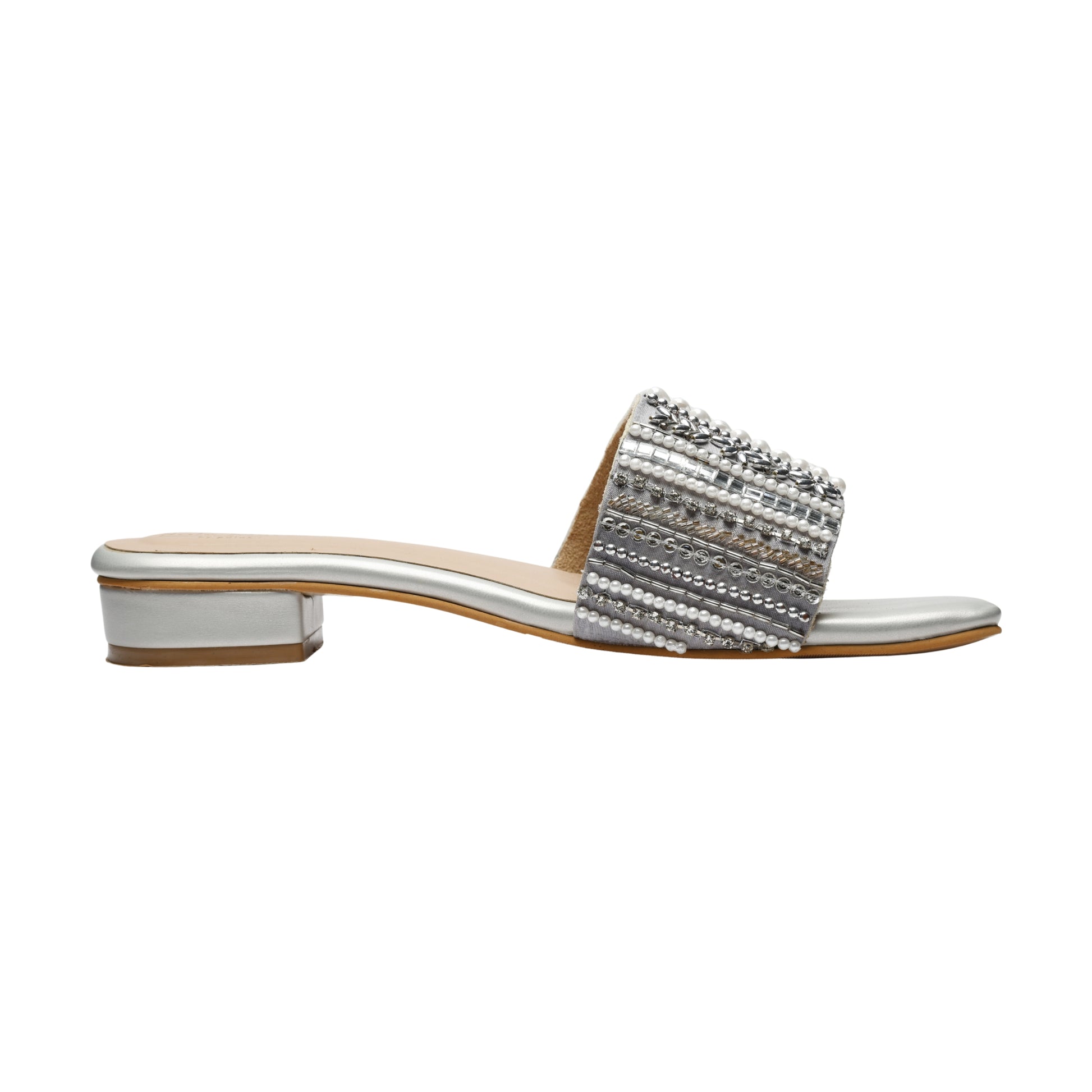 Kate Silver Sliders side profile white background — silver metallic low block heel slider with dense pearl and bead embellished strap by Solemates by Palak