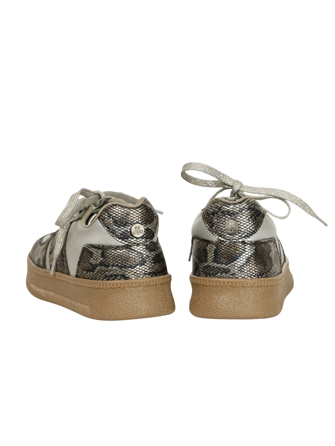 Luxe Python low-top sneakers back view showing Solemates by Palak signature badge — natural python print and silver