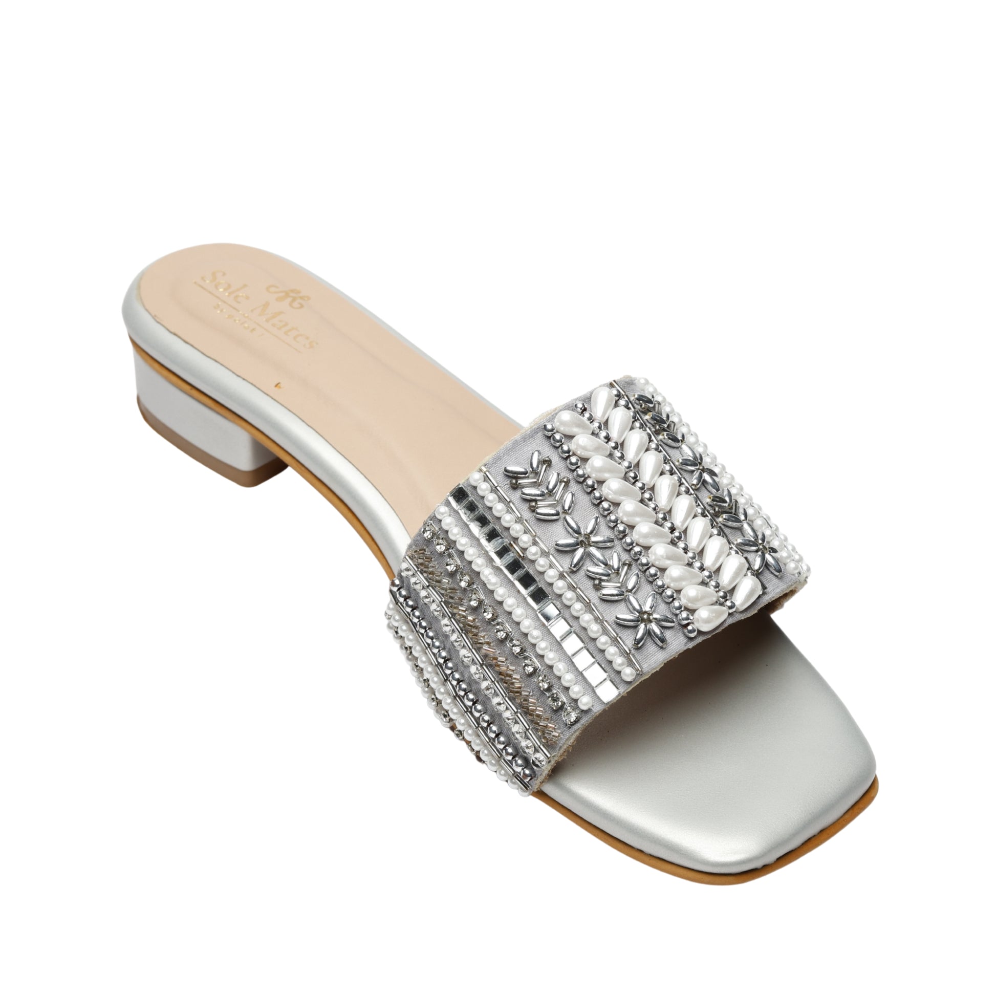 Kate Silver Sliders angled top view white background — wide strap with teardrop pearl rows, silver bugle bead florals, mirror tiles and rhinestone rows by Solemates by Palak
