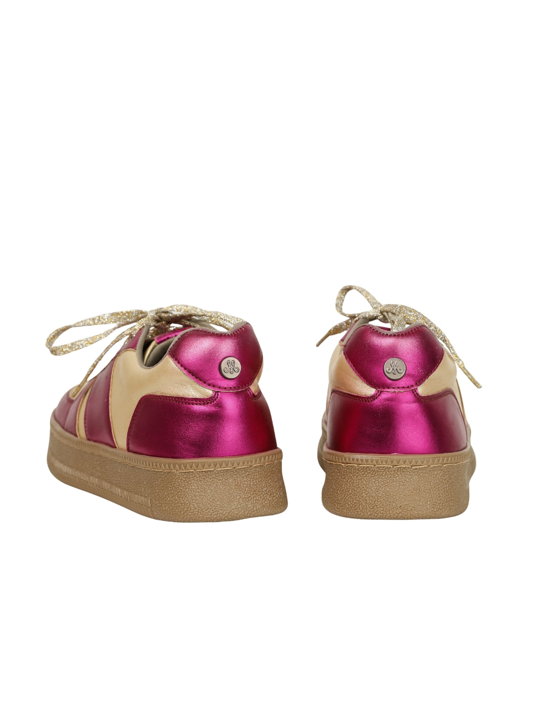 Fuchsia Flash low-top sneakers back view showing Solemates by Palak signature badge — metallic fuchsia pink and cream