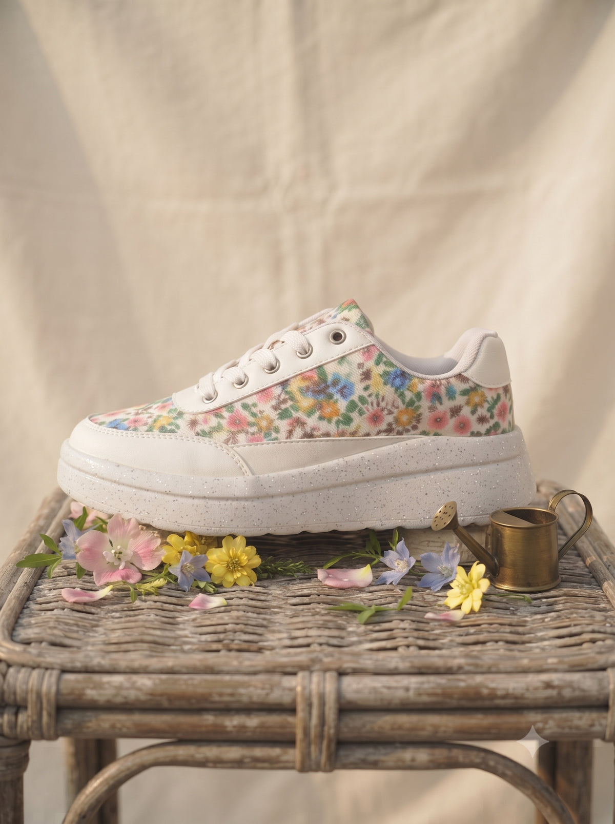 Printed Floral Sneaker — White Chunky Sneaker with Multicolour Ditsy Floral Print | Solemates by Palak