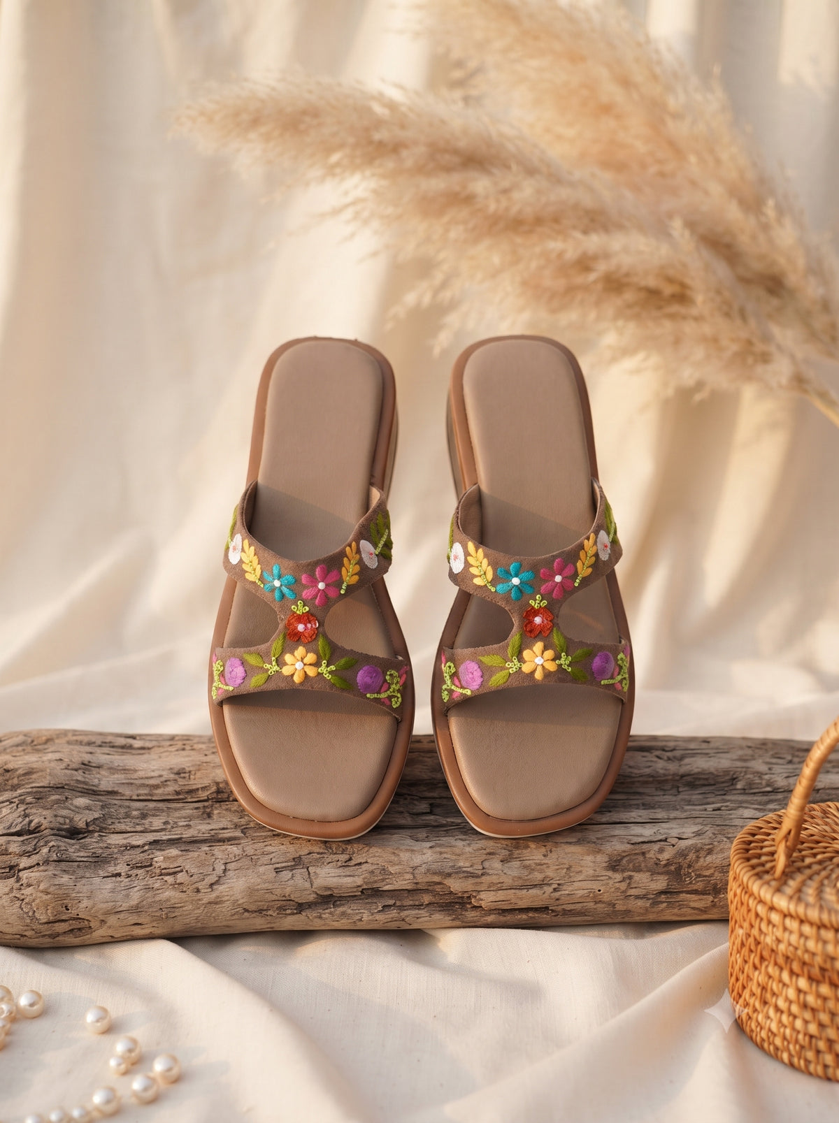 Sydney Brown Flatforms — Brown H-Strap Flatform with Multicolour Floral Hand Embroidery & Bead Detailing | Solemates by Palak