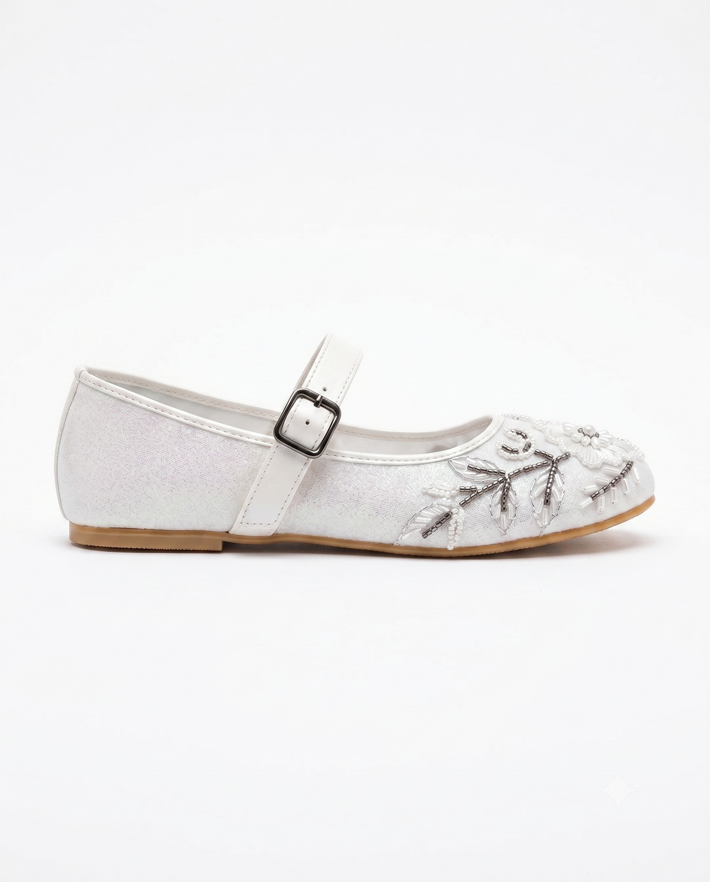 The Ballet Bloom Mary Janes side profile white background — ivory shimmer Mary Jane flat with pearl and bead floral embellishment and white ankle strap by Solemates by Palak