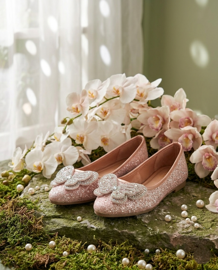 Aurora Flutter Ballerina — Rose Gold Glitter Crystal Butterfly Flats | Solemates by Palak