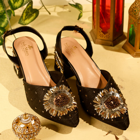 Zahira- Black Floral Close Toe Heels