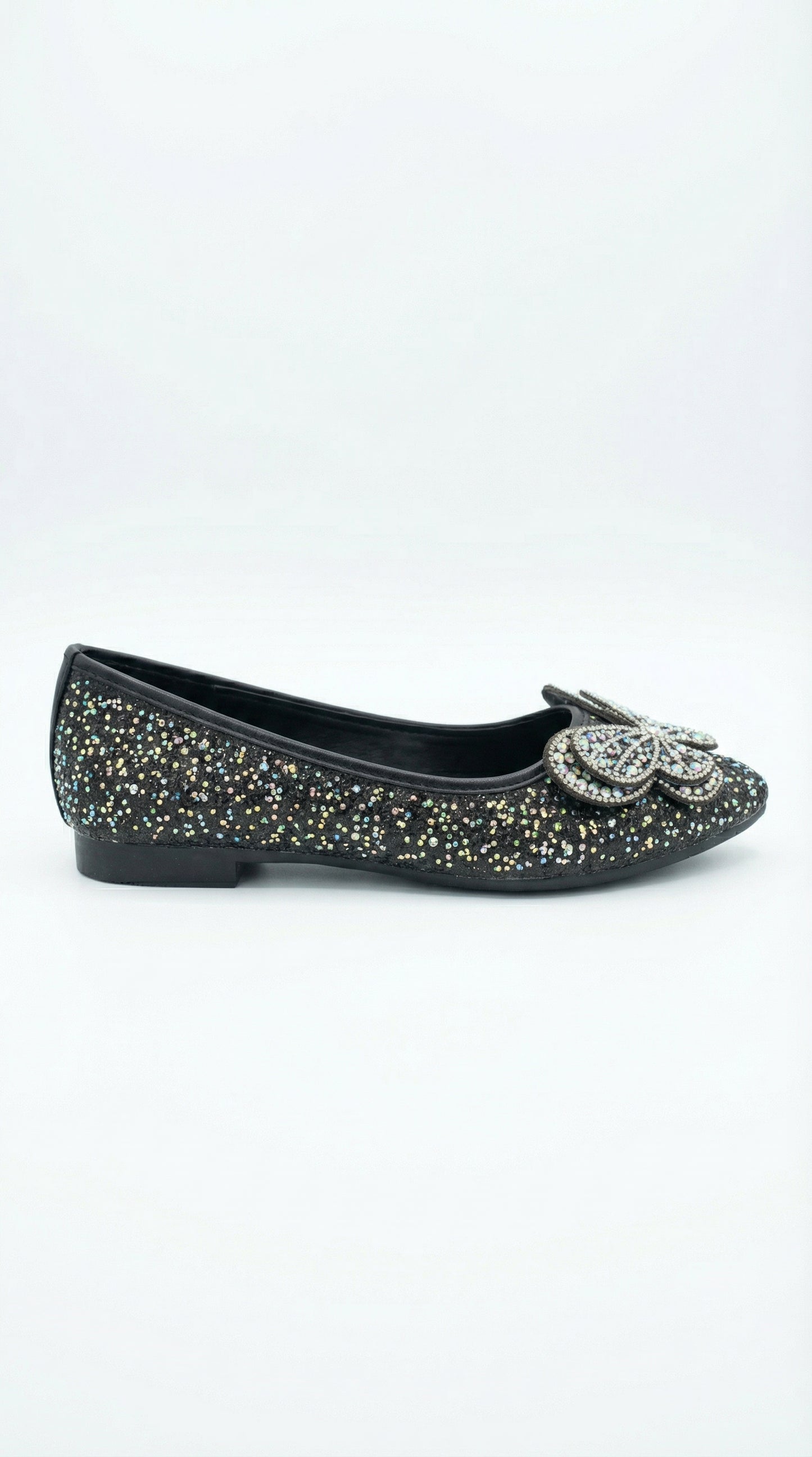 Midnight Flutter ballerina side view — black multicolour glitter with crystal butterfly embellishment by Solemates by Palak