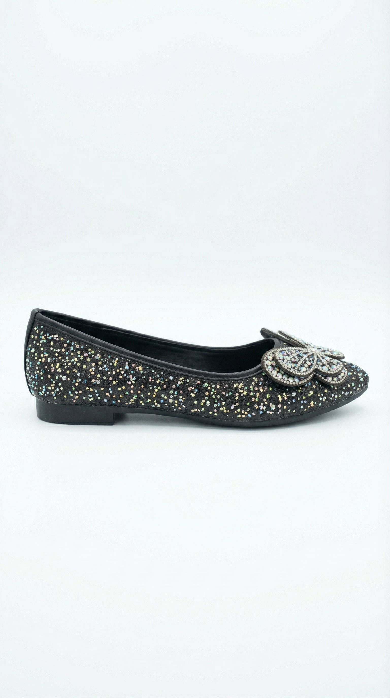 Midnight Flutter ballerina side view — black multicolour glitter with crystal butterfly embellishment by Solemates by Palak