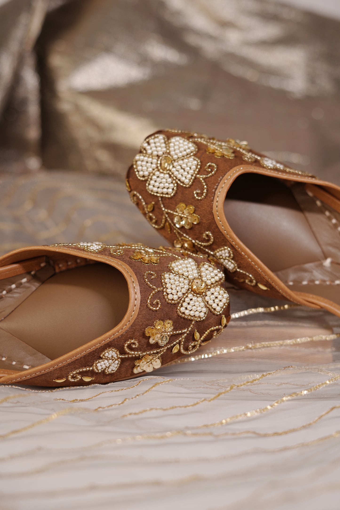 Mocha Pearl and Gold Embellished Juttis close-up — pearl flower clusters with gold zardozi vine work by Solemates by Palak