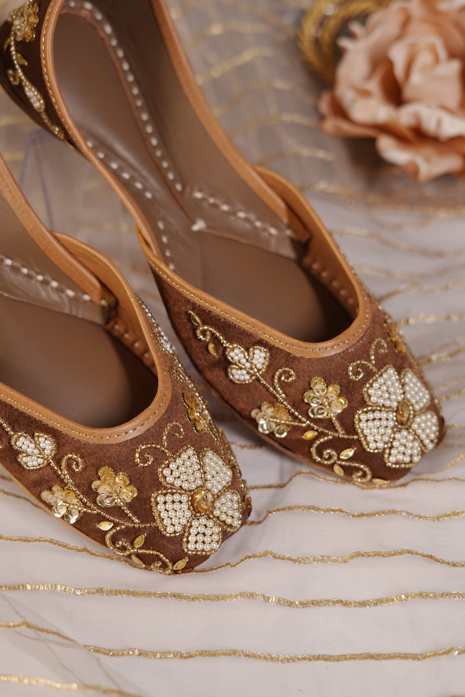 Mocha Pearl Gold Juttis top view — handcrafted brown velvet juttis with pearl flowers and zardozi embroidery by Solemates by Palak