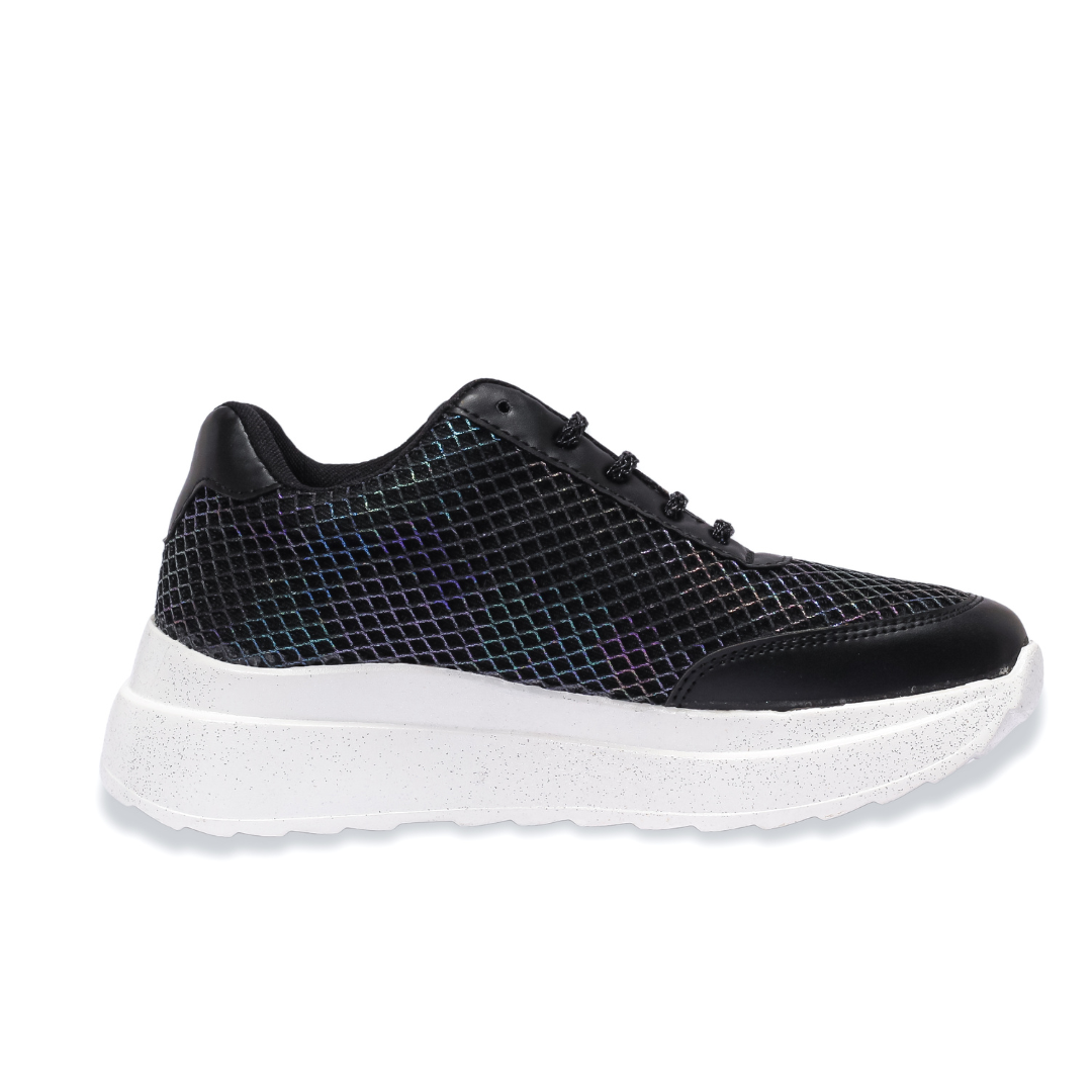Black Prism Sneakers side view — black iridescent grid upper with white chunky sole by Solemates by Palak