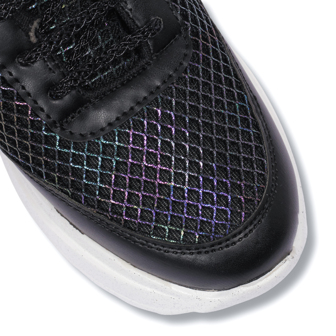 Black Prism Sneakers close-up — iridescent purple and teal holographic grid texture detail by Solemates by Palak