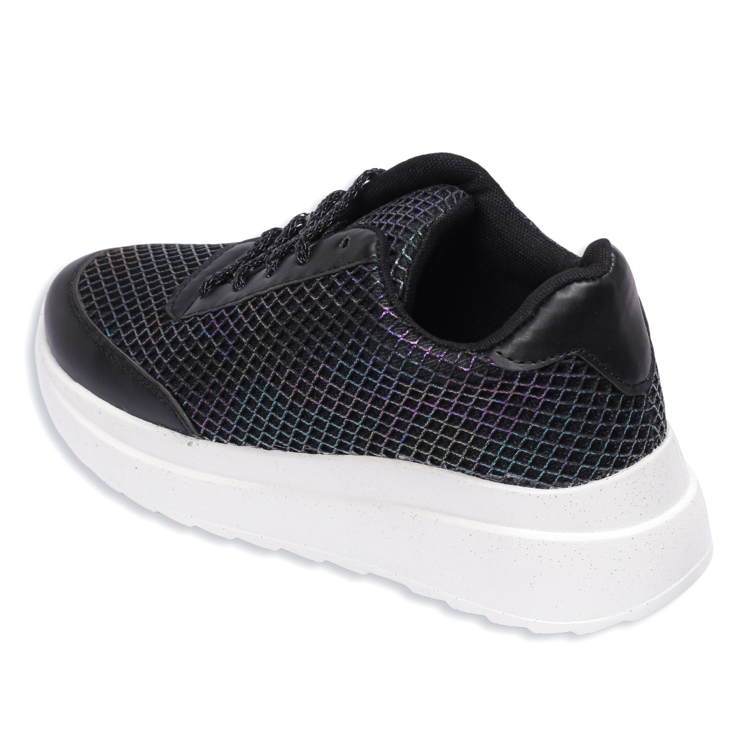 Black Prism Sneakers back angle — black holographic grid texture with white sole by Solemates by Palak