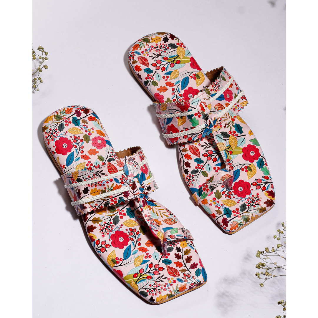 Berry Blast Kolha Flats pair top view — bold floral print with ruffled strap and white braided rope by Solemates by Palak