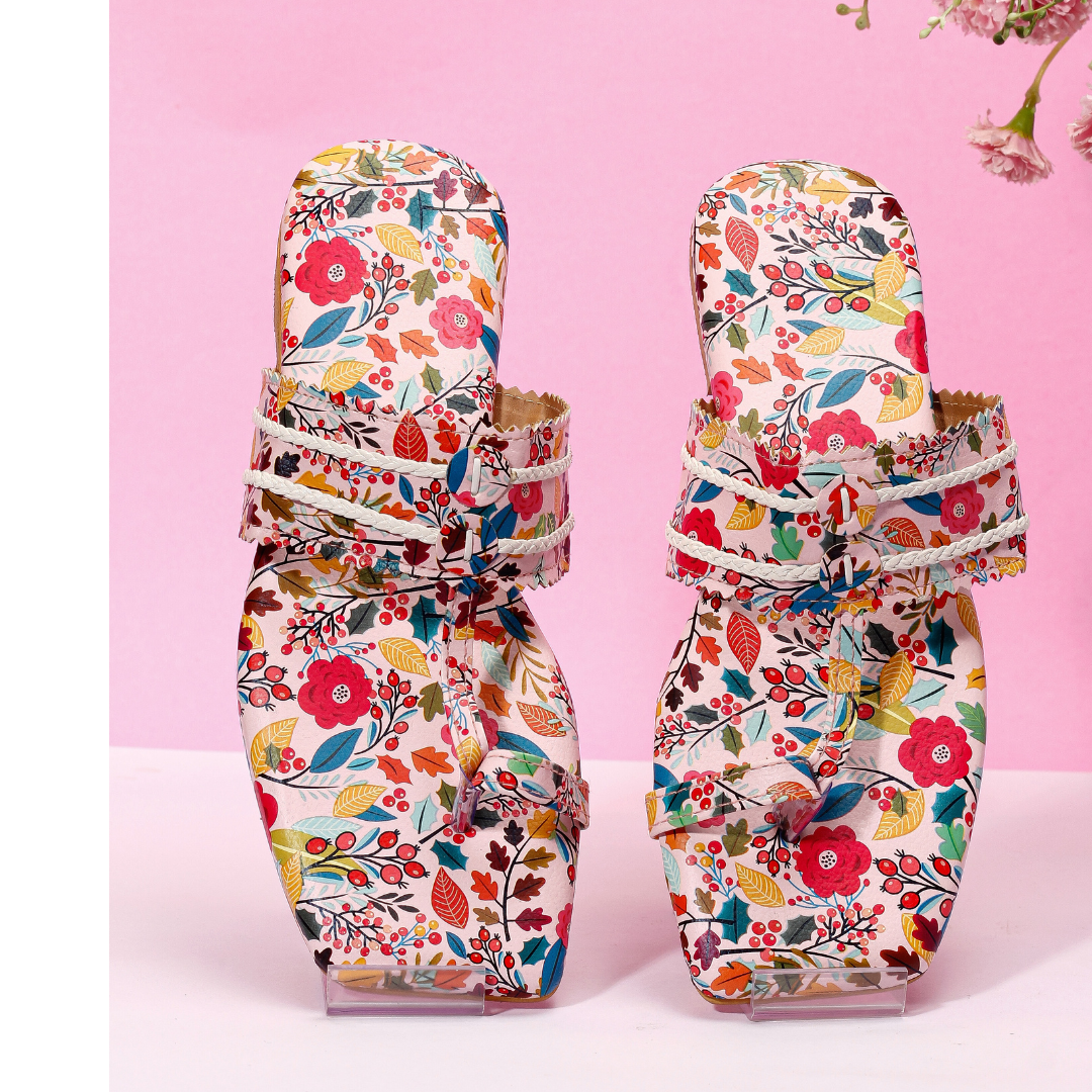 Berry Blast Kolha Flats front view — red floral and berry print with ruffled scalloped strap by Solemates by Palak