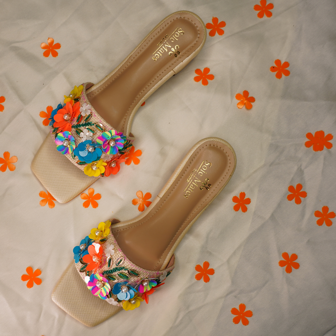 Desert Blossom Heel Sliders top view — nude jute strap with 3D multicolour floral appliqués by Solemates by Palak