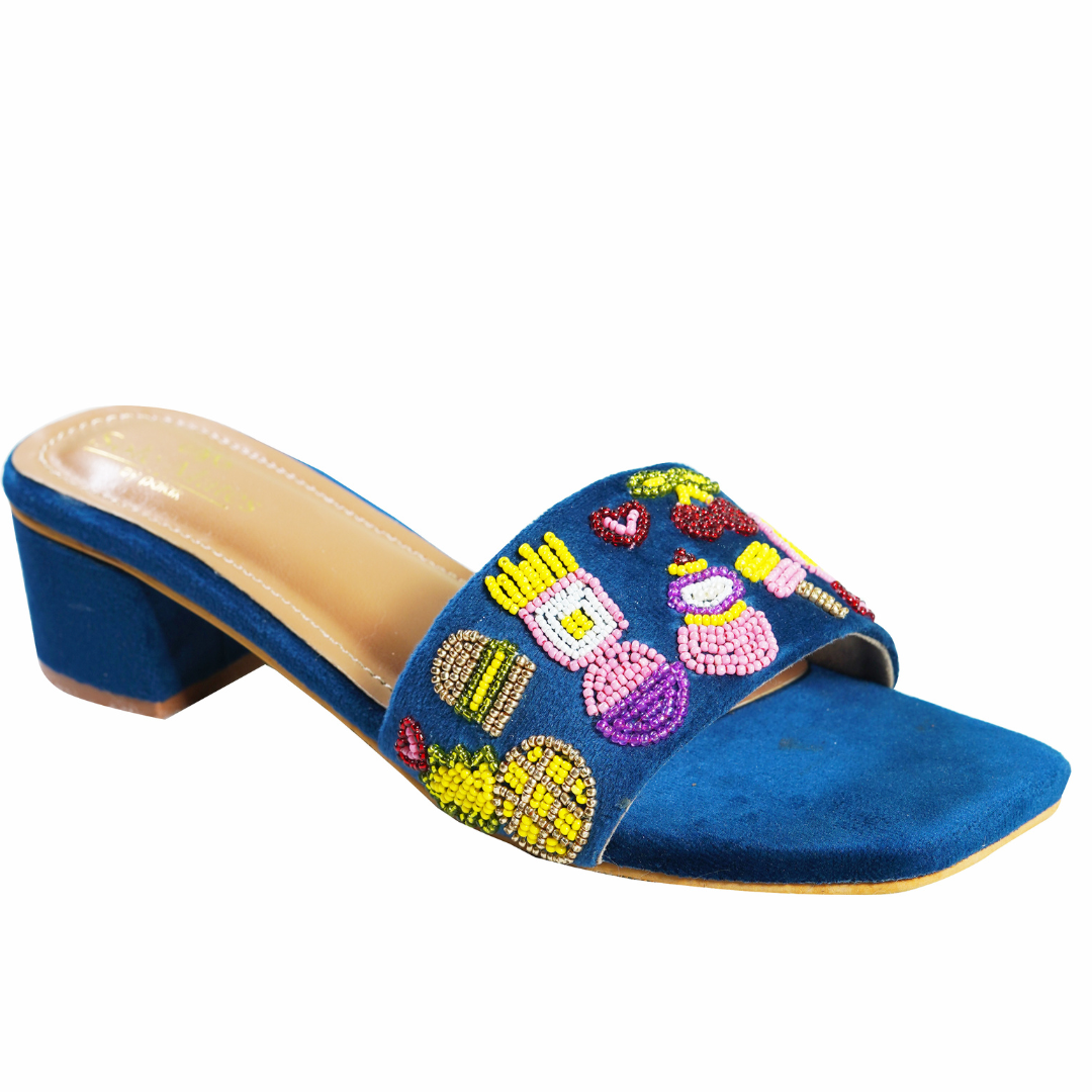 Beach Babes Bead Embroidered Sliders front angle — royal blue suede wide strap with multicolour seed bead summer motifs by Solemates by Palak